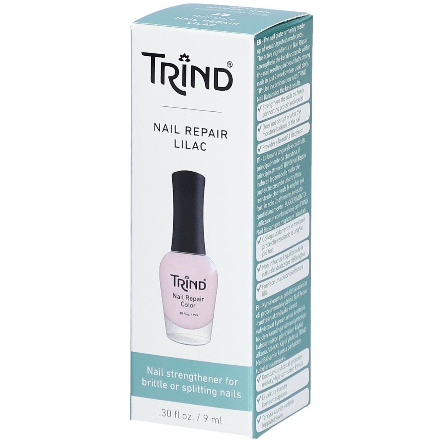 TRIND Nagellack in Flieder in Kartonverpackung. Aufdruck: Nail Repair Lilac. Text: Nail strengthener for brittle or splitting nails.