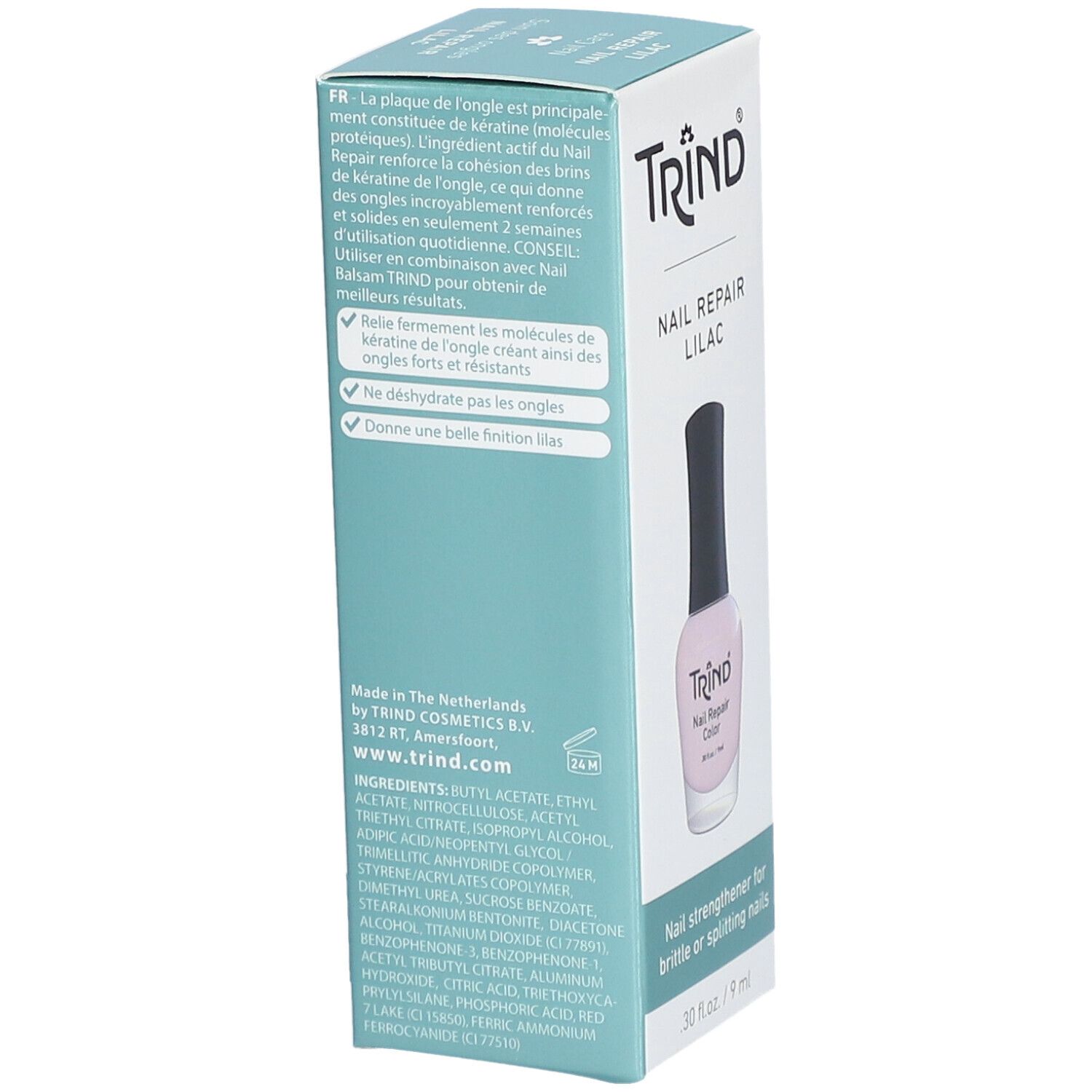 Kartonverpackung mit TRIND Nagellack. Auf der Seite: Produktinformationen, Inhaltsstoffe und Herstelleradresse.