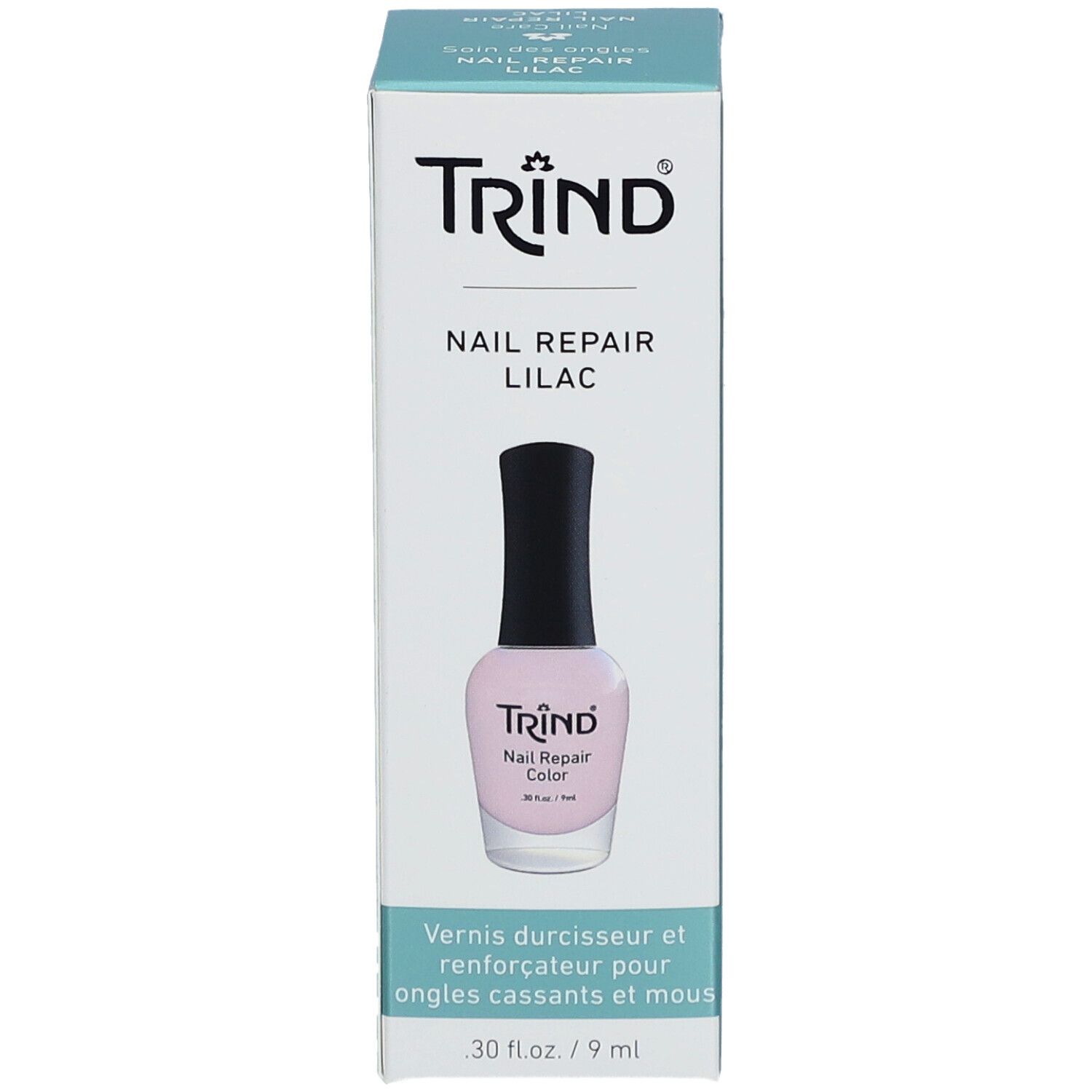TRIND Nagellack in Flieder in Kartonverpackung. Aufdruck: Nail Repair Lilac. Text: Vernis durcisseur et renforçateur.