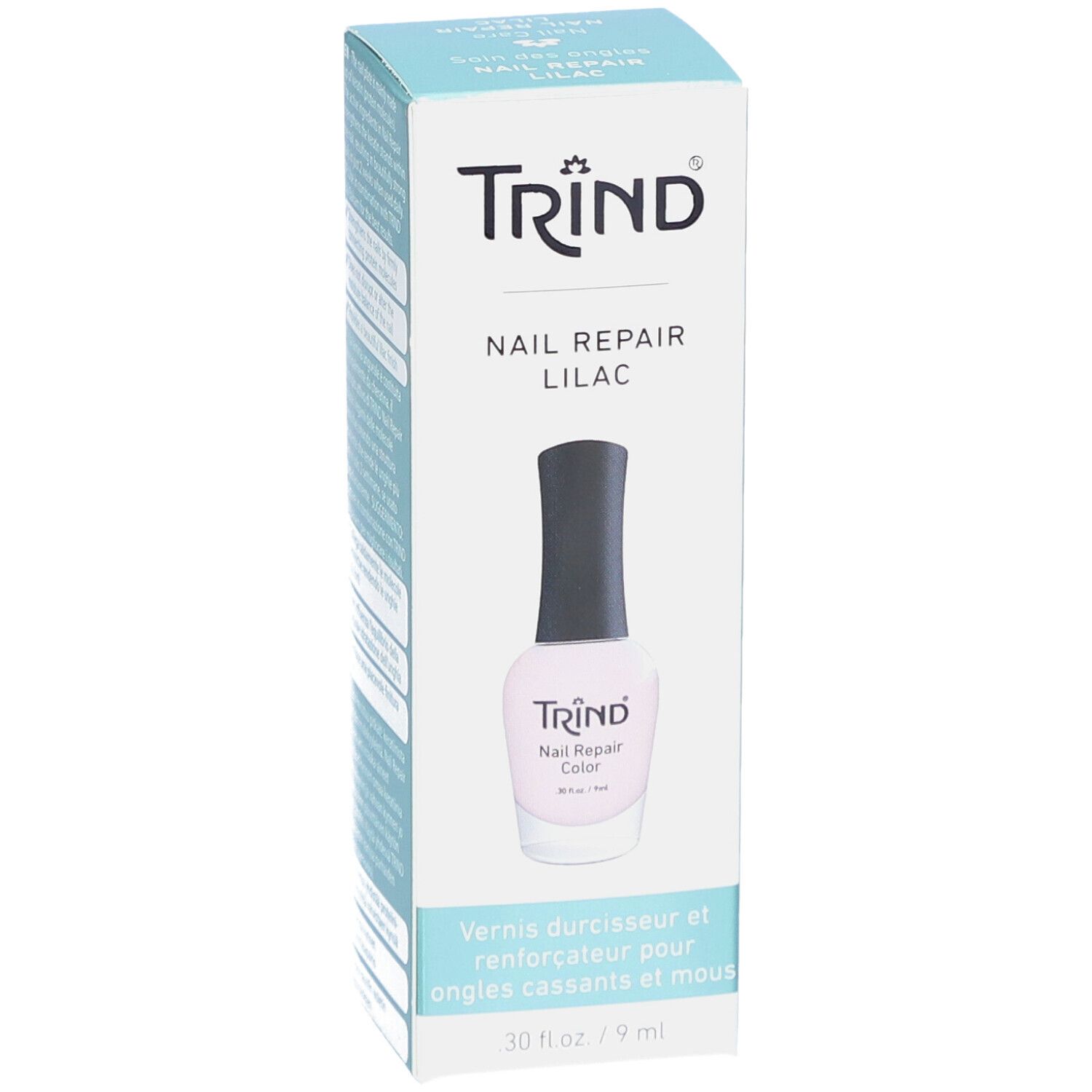 TRIND Nagellack in Flieder in Kartonverpackung. Aufdruck: Nail Repair Lilac. Text: Vernis durcisseur et renforçateur.