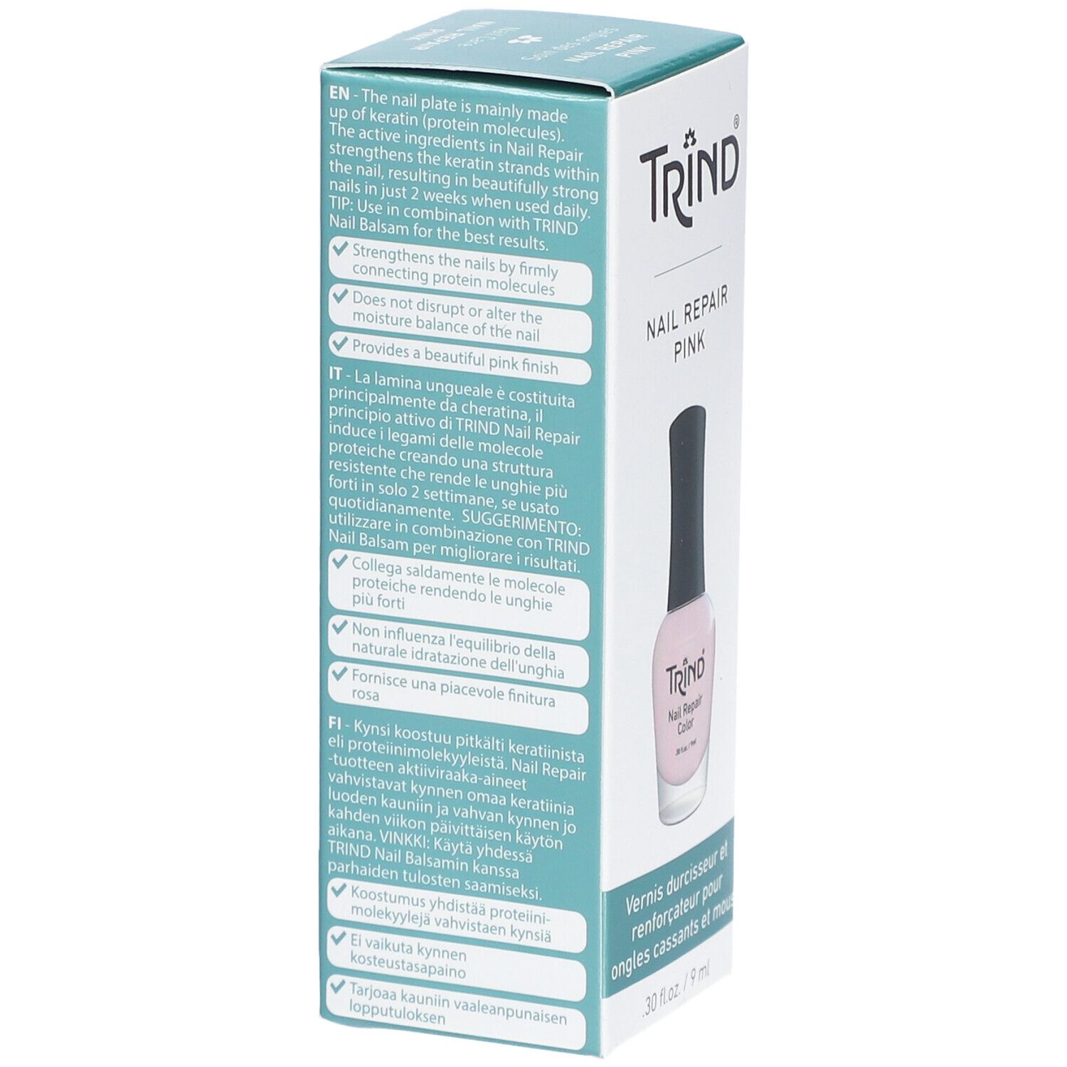 Emballage du produit avec texte. Inscription: TRIND Nail Repair Pink. Texte en anglais et italien. Flacon avec contenu rose.