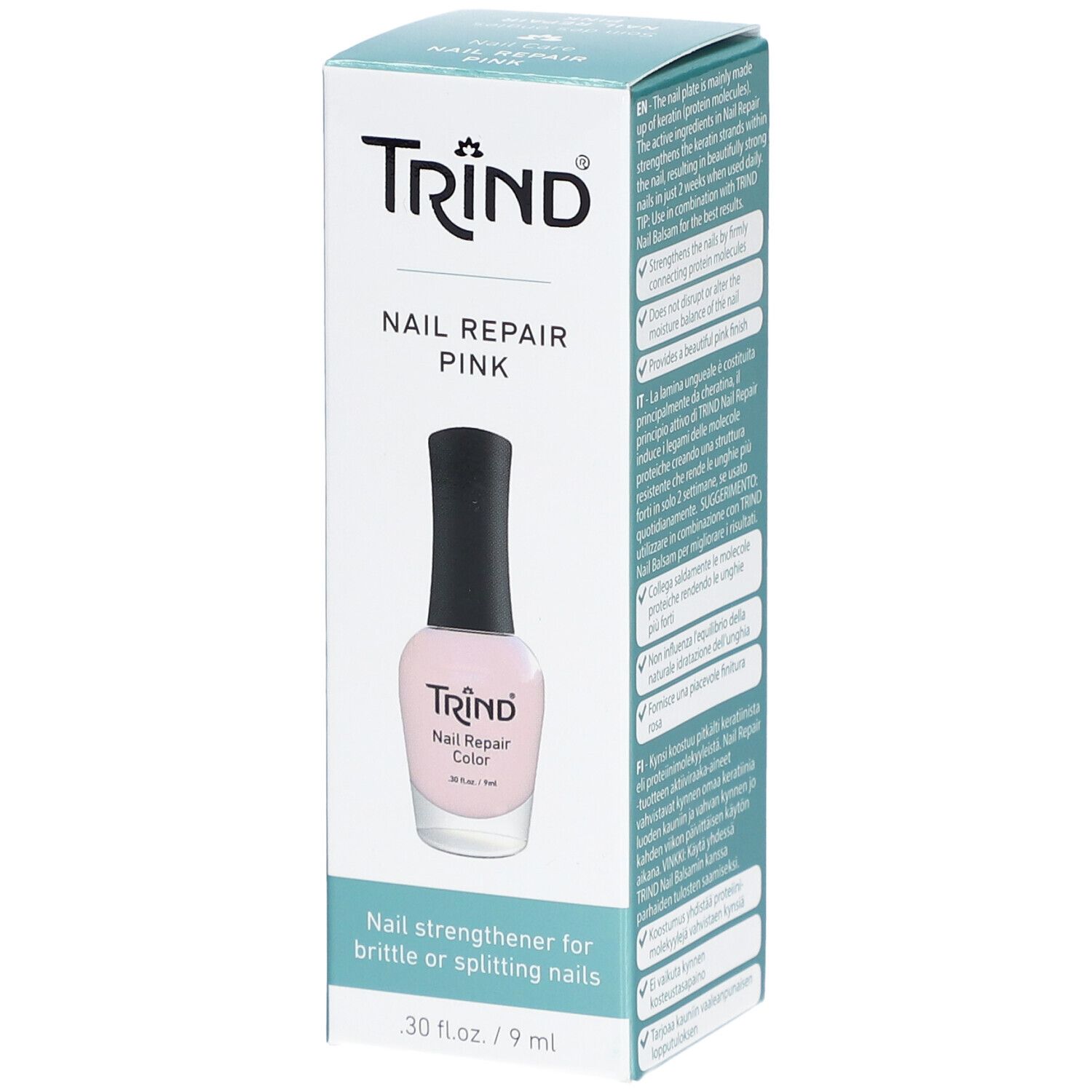 Emballage de produit avec flacon de vernis à ongles. Inscription: TRIND, Nail Repair Pink. Flacon avec contenu rose et bouchon noir.