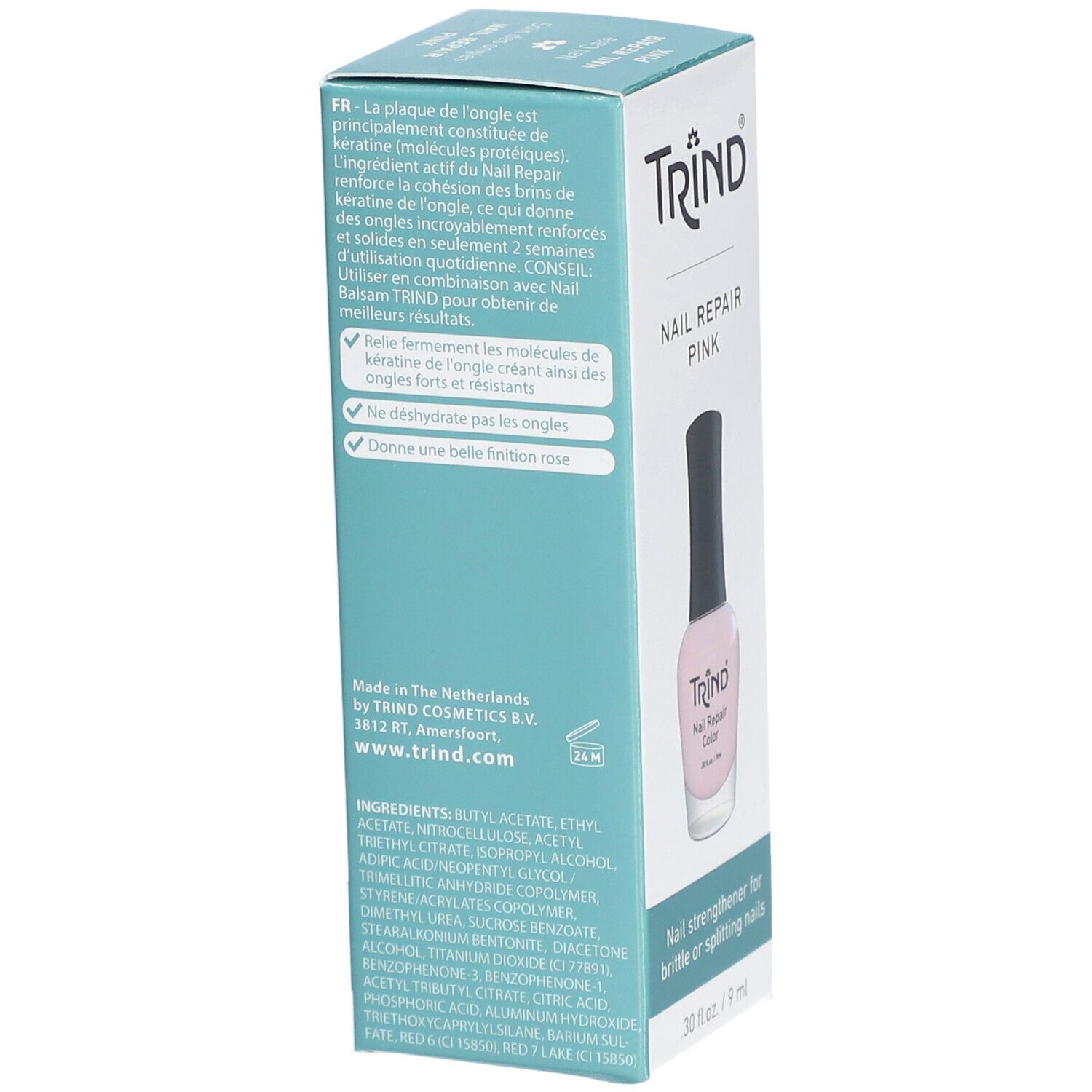 Emballage du produit avec texte et flacon de vernis à ongles. Inscription: TRIND Nail Repair Pink. Texte en français. Flacon avec contenu rose.