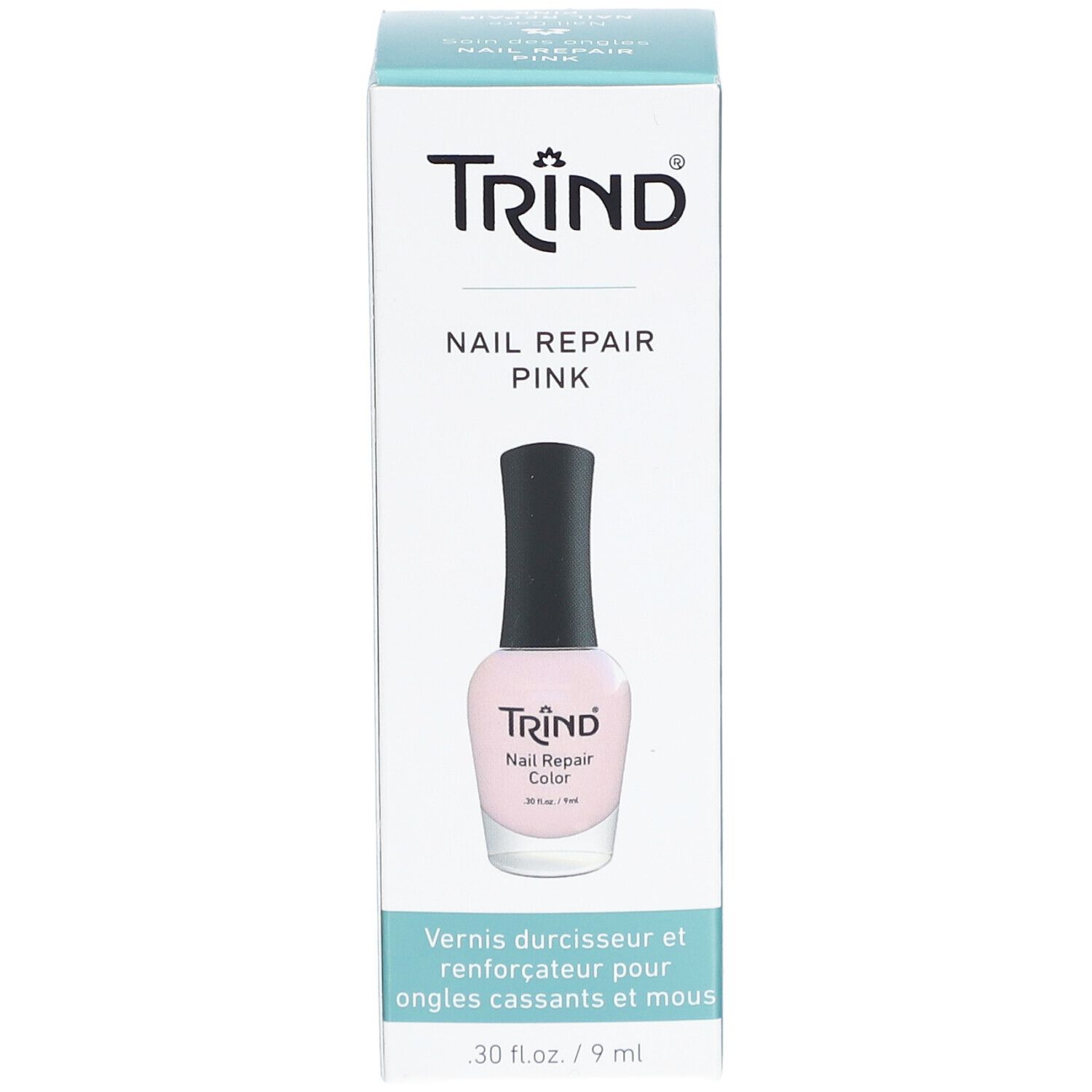 Emballage de produit avec flacon de vernis à ongles. Inscription: TRIND, Nail Repair Pink. Flacon avec contenu rose et bouchon noir.