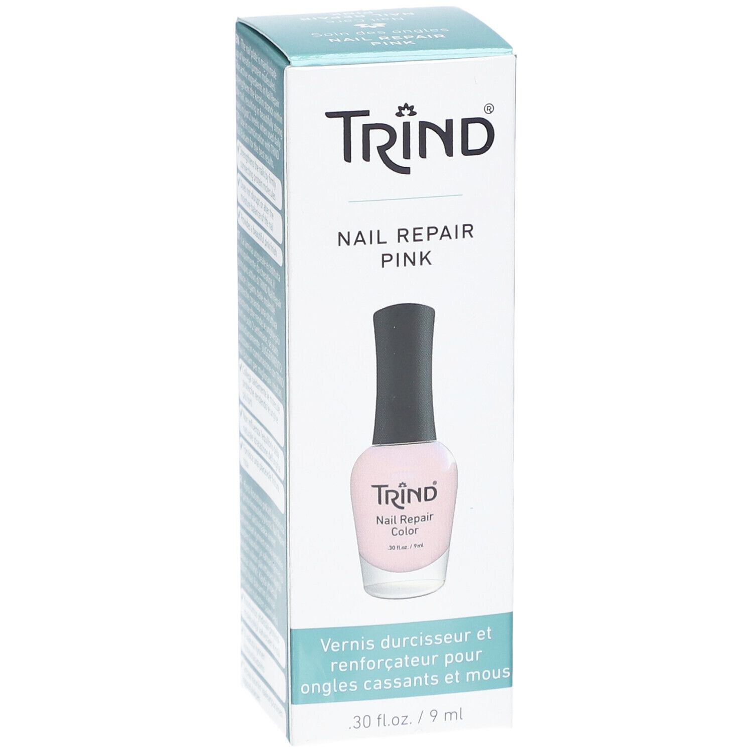 Emballage de produit avec flacon de vernis à ongles. Inscription: TRIND, Nail Repair Pink. Flacon avec contenu rose et bouchon noir.