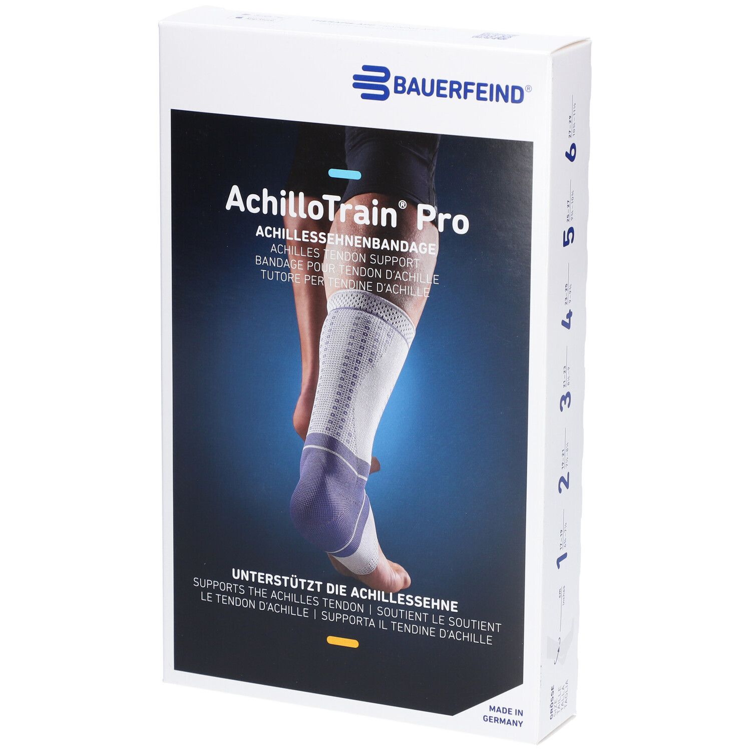 Verpackung der AchilloTrain Pro Knöchelbandage. Produktname und Logo von Bauerfeind sichtbar. Bandage am Bein abgebildet.