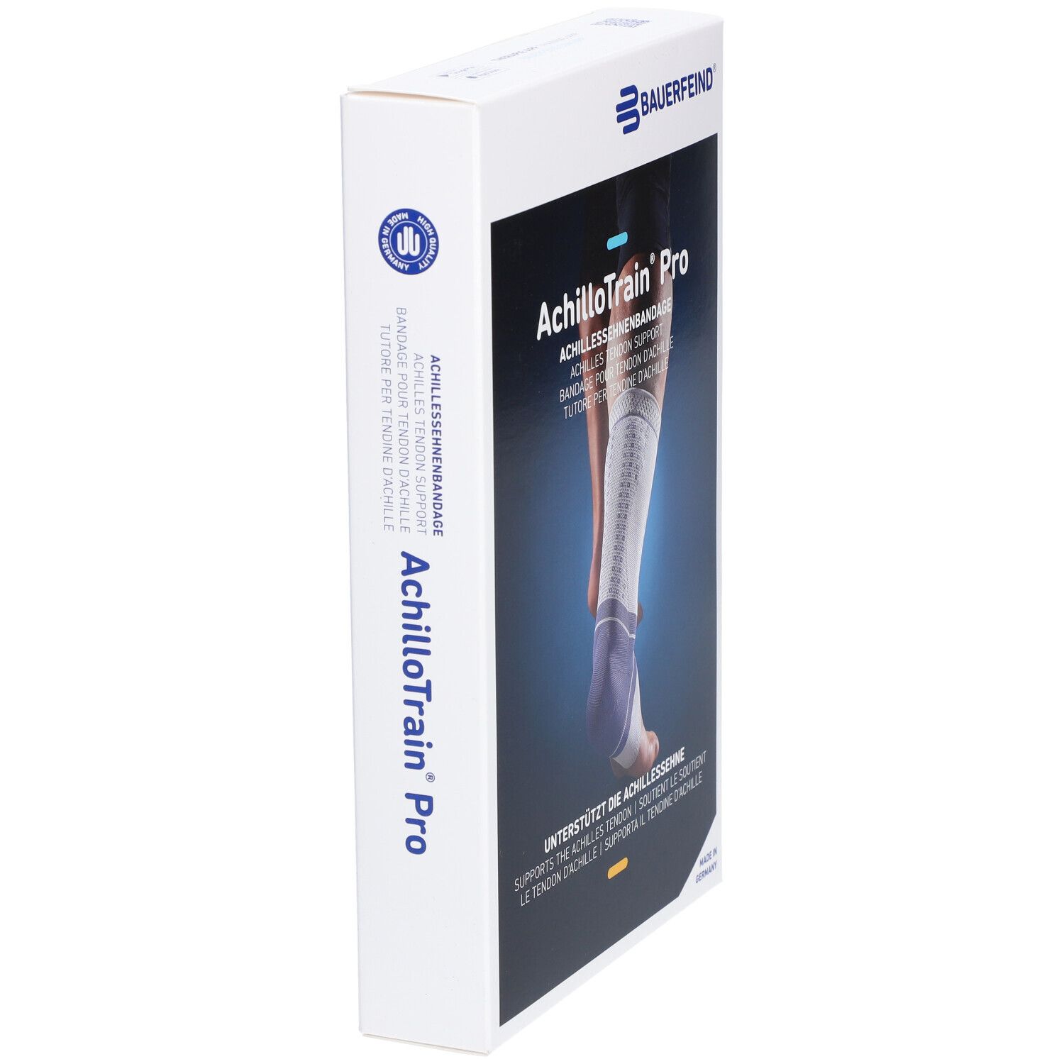 Verpackung der AchilloTrain Pro Knöchelbandage. Produktname und Logo von Bauerfeind sichtbar. Seitenansicht der Verpackung.