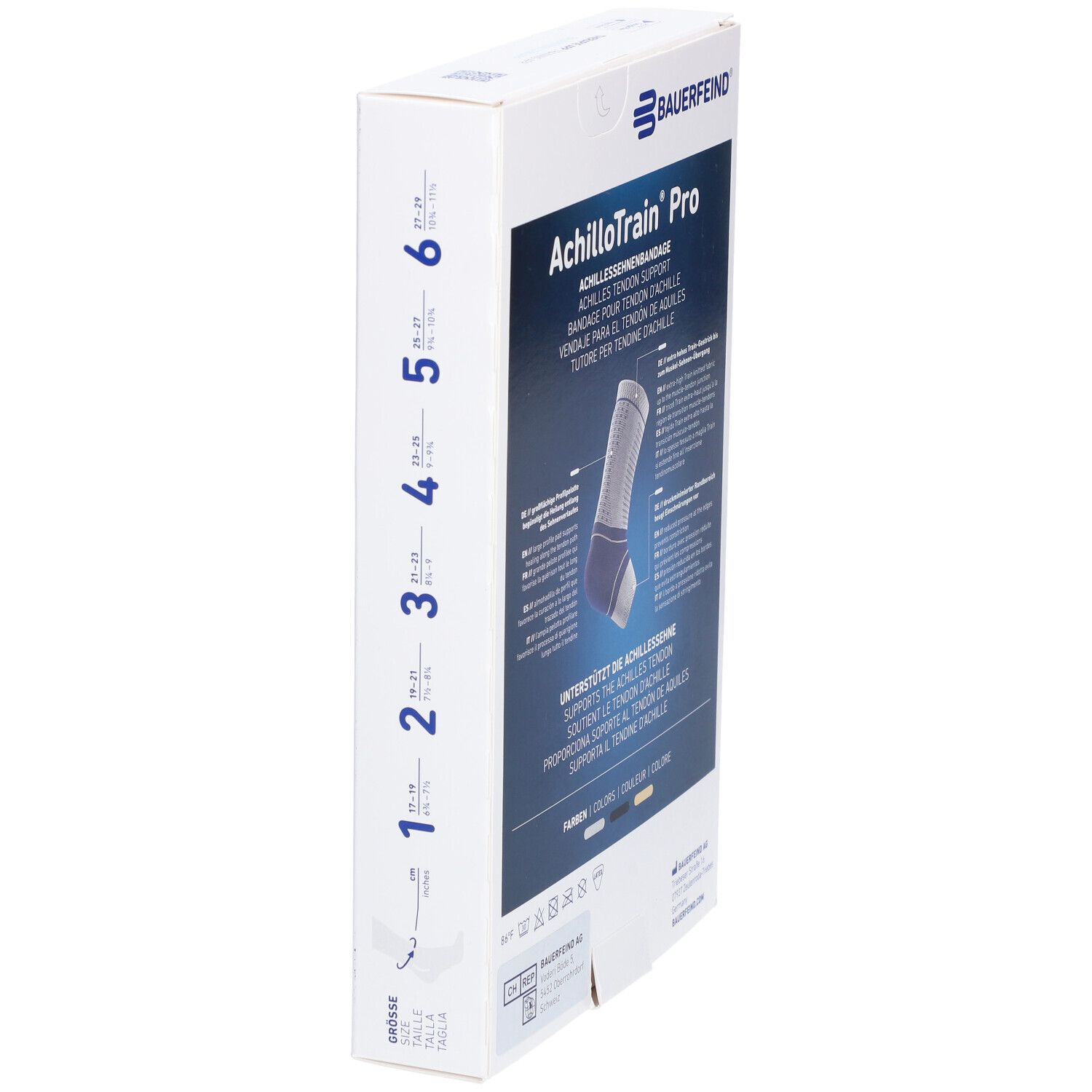 Verpackung der AchilloTrain Pro Knöchelbandage. Produktname und Logo von Bauerfeind sichtbar. Seitenansicht der Verpackung mit Größenangaben.