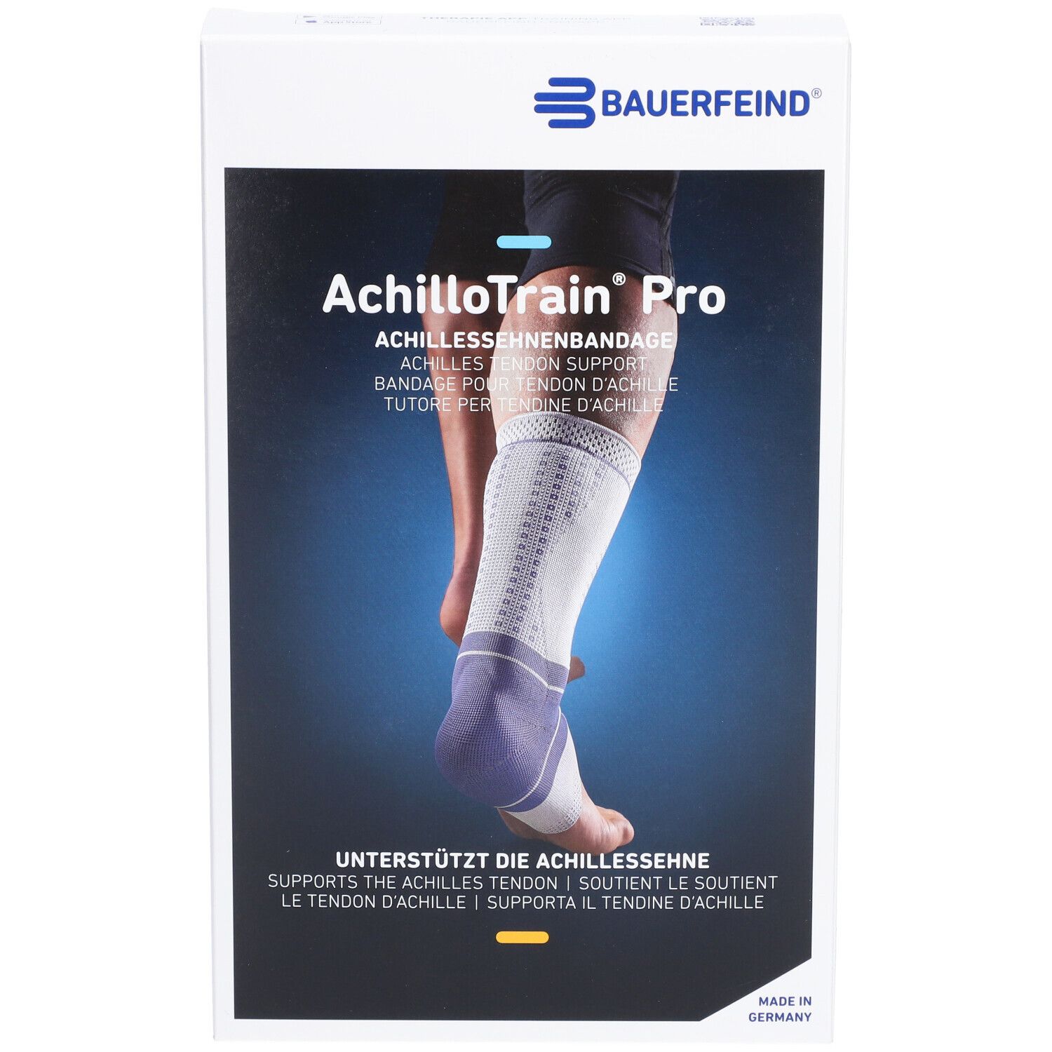 Verpackung der AchilloTrain Pro Knöchelbandage. Produktname und Logo von Bauerfeind sichtbar. Bandage am Bein abgebildet.