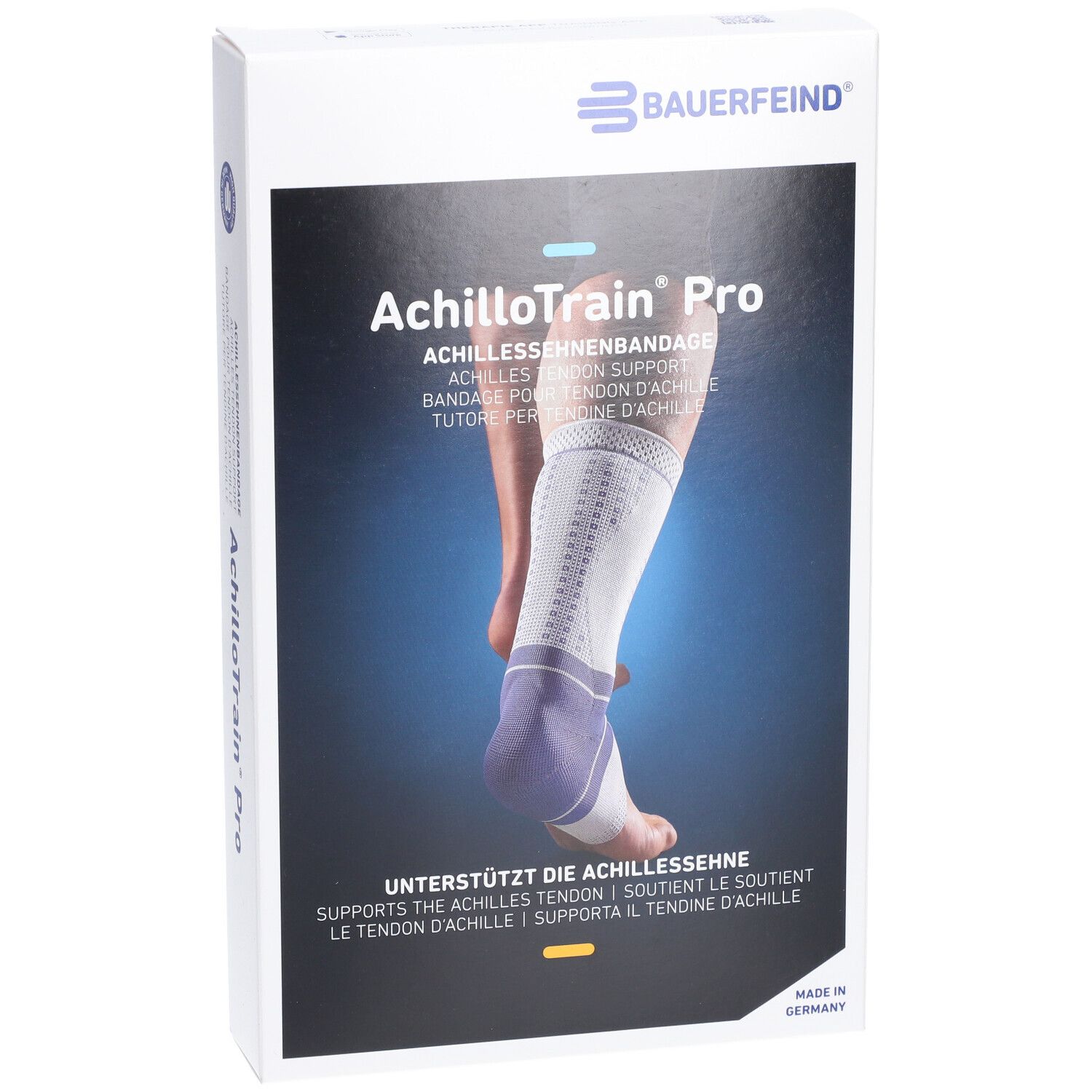 Verpackung der AchilloTrain Pro Knöchelbandage. Produktname und Logo von Bauerfeind sichtbar. Bandage am Bein abgebildet.