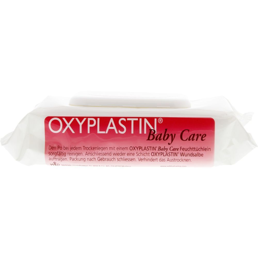 Paquet blanc de lingettes humides OXYPLASTIN Baby Care. Étiquette rouge avec texte. Emballage fermé.