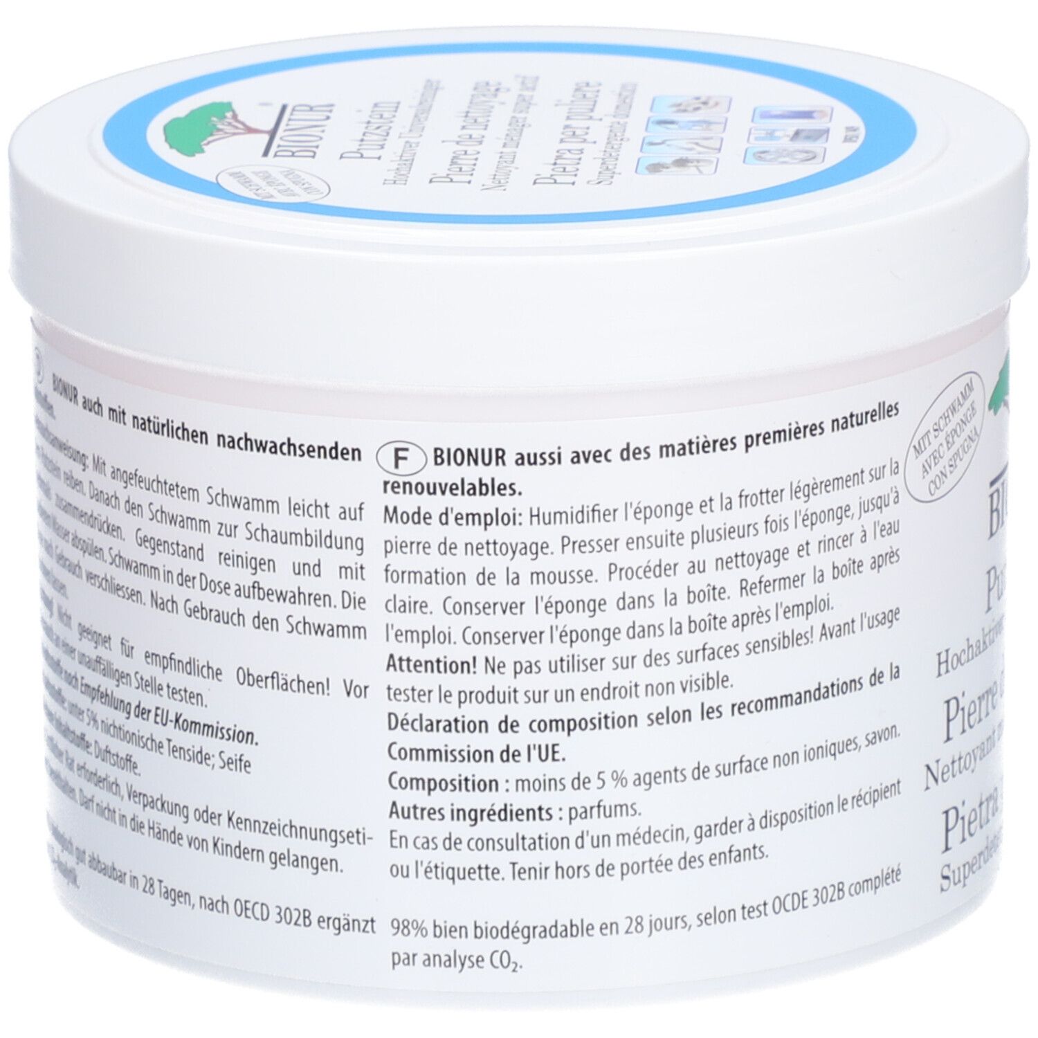 Rückseite des weißen Behälters. Text in mehreren Sprachen. Informationen über Inhaltsstoffe und Gebrauchsanweisung. 98% biologisch abbaubar.