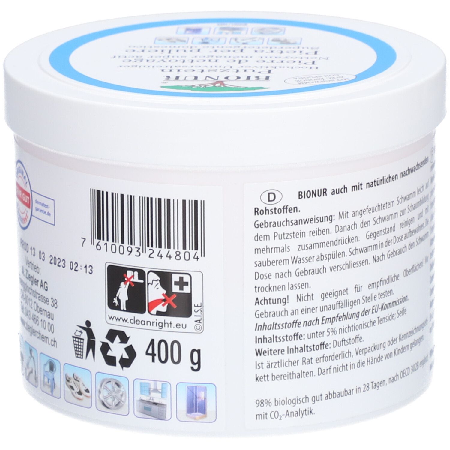 Rückseite des weißen Behälters. Text in mehreren Sprachen. 400 g. Recycling-Symbole. 98% biologisch abbaubar.