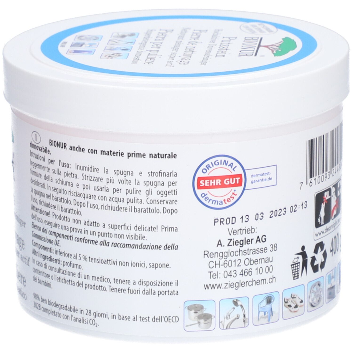 Rückseite des weißen Behälters. Text in mehreren Sprachen. 400 g. Siegel 'Sehr Gut'. 98% biologisch abbaubar.
