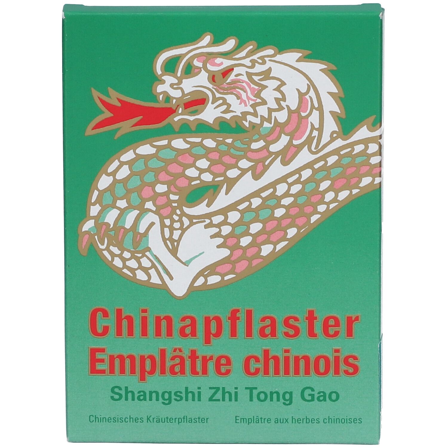 Grüne Schachtel mit Drachenmotiv und roter Schrift: Chinapflaster, Emplâtre chinois, Shangshi Zhi Tong Gao.