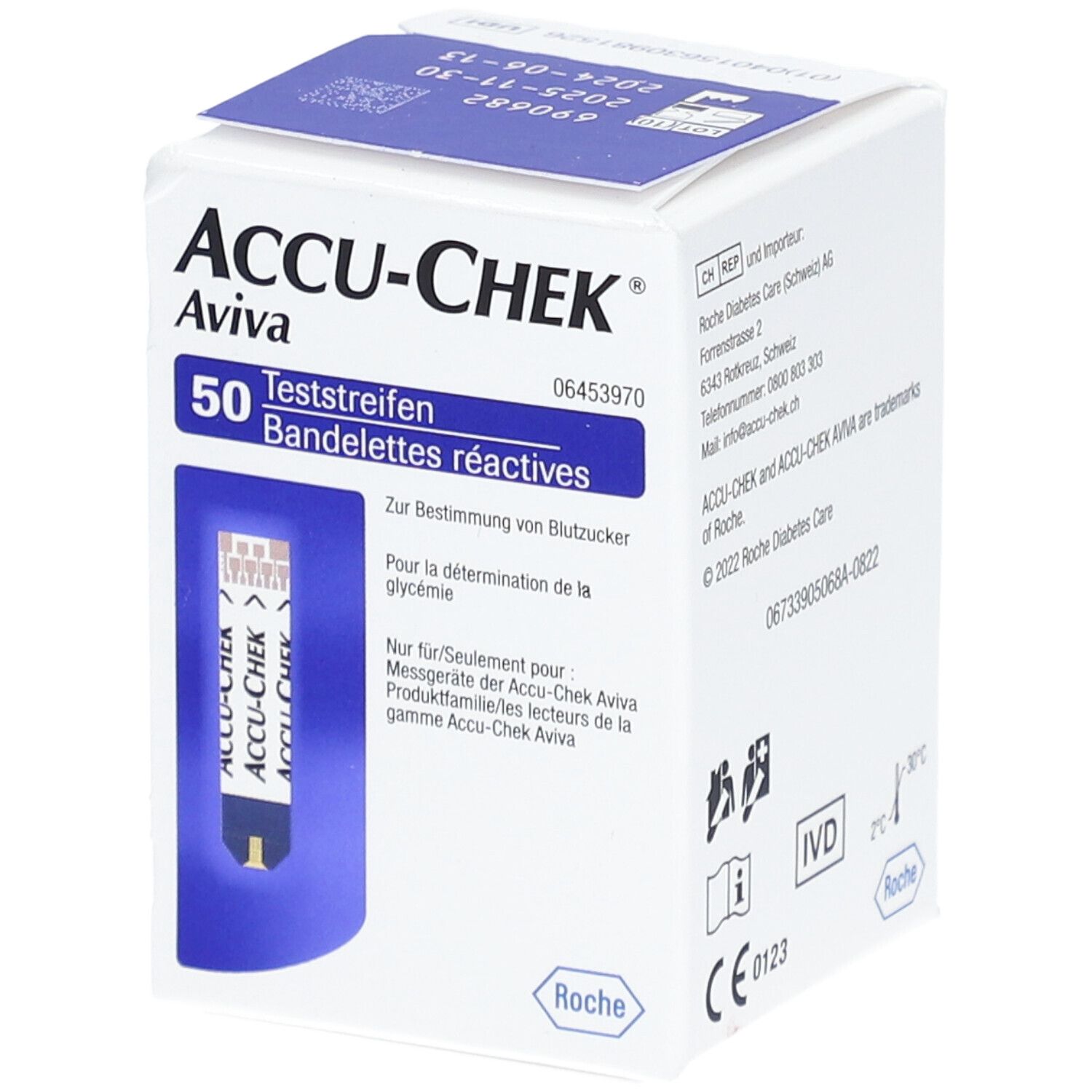 Schachtel mit ACCU-CHEK Aviva Teststreifen. 50 Teststreifen. Aufdrucke in Deutsch und Französisch. CE-Kennzeichnung.