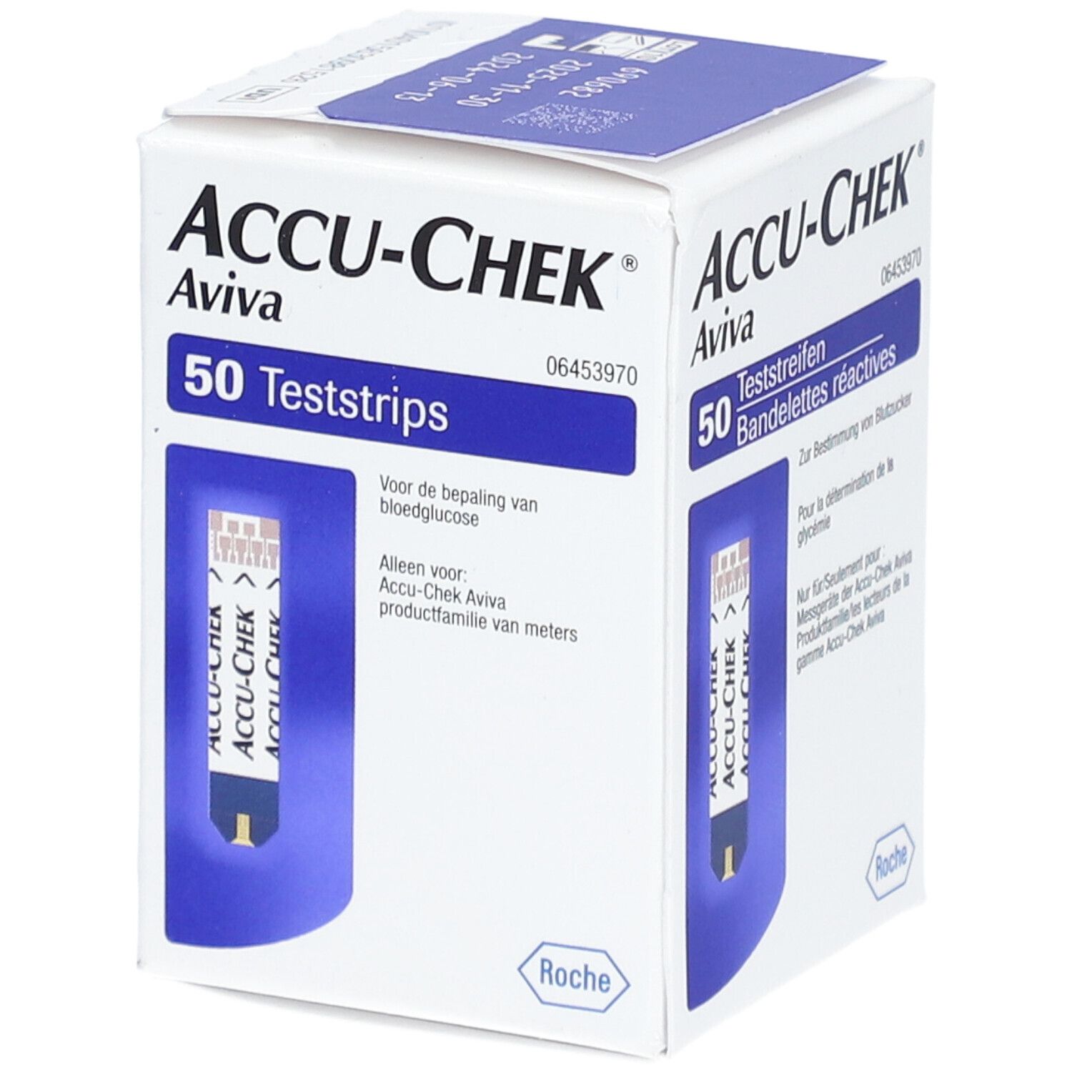 Schachtel mit ACCU-CHEK Aviva Teststreifen. 50 Teststreifen. Aufdrucke in Deutsch und Niederländisch. Roche-Logo.