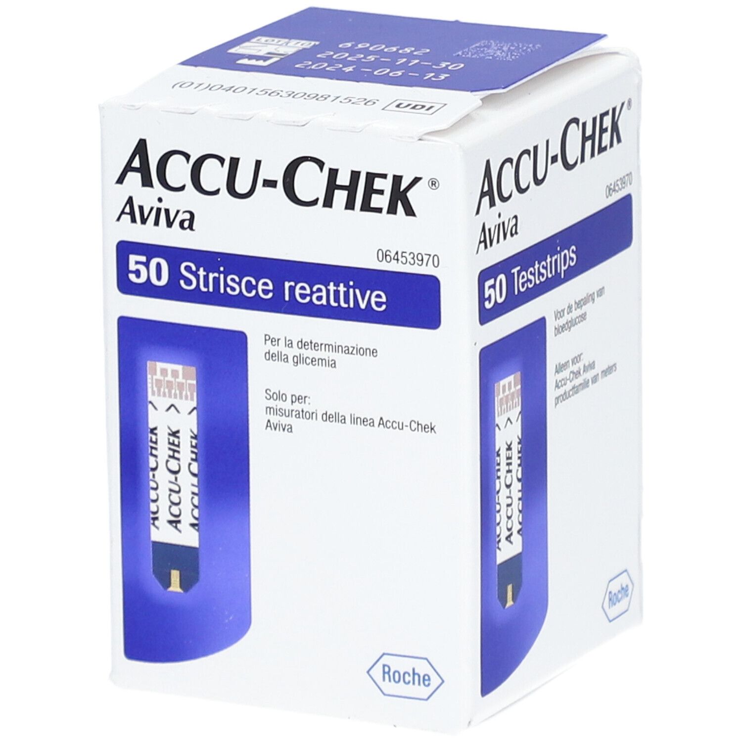 Schachtel mit ACCU-CHEK Aviva Teststreifen. 50 Teststreifen. Aufdrucke in Deutsch und Italienisch. Roche-Logo.