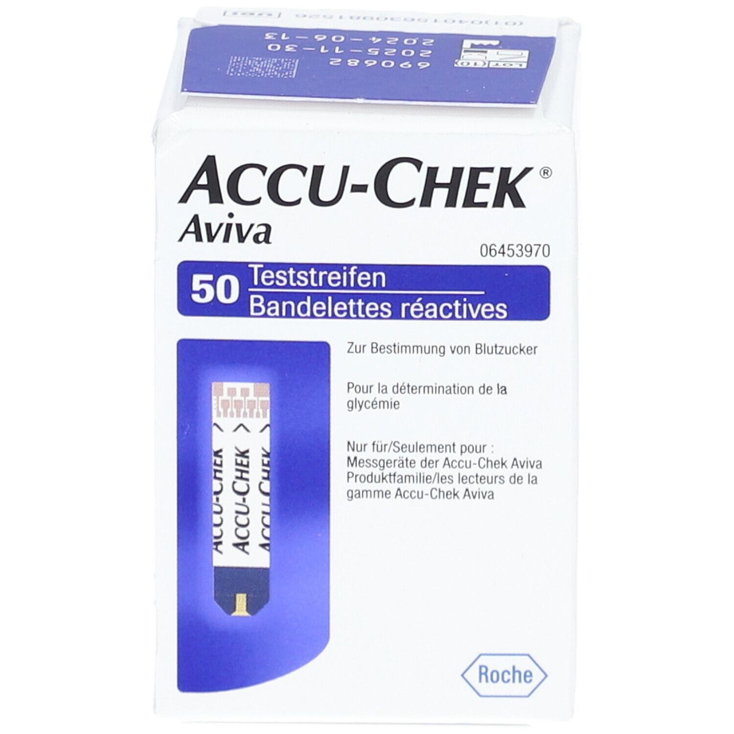 Schachtel mit ACCU-CHEK Aviva Teststreifen. 50 Teststreifen. Aufdrucke in Deutsch und Französisch. Roche-Logo.