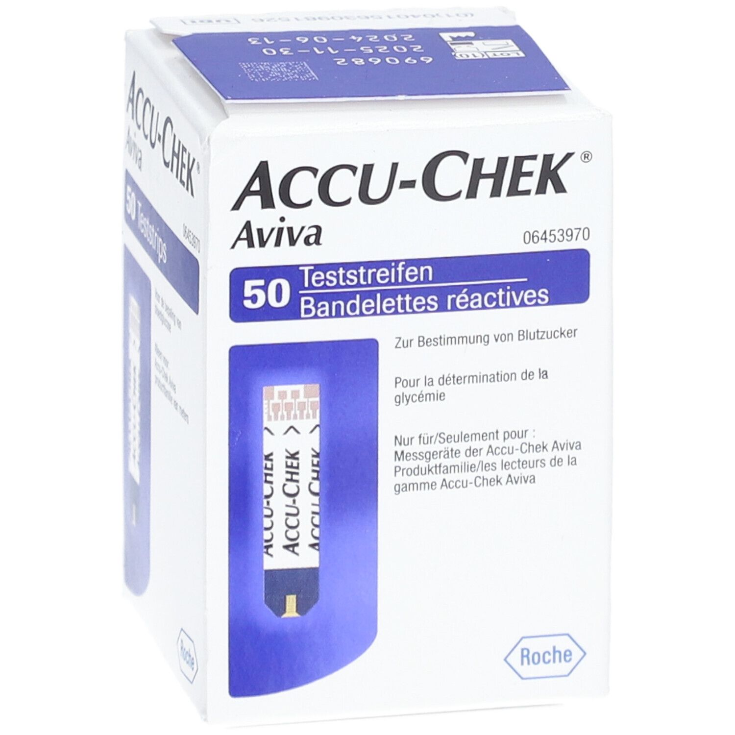 Schachtel mit ACCU-CHEK Aviva Teststreifen. 50 Teststreifen. Aufdrucke in Deutsch und Französisch. Roche-Logo.