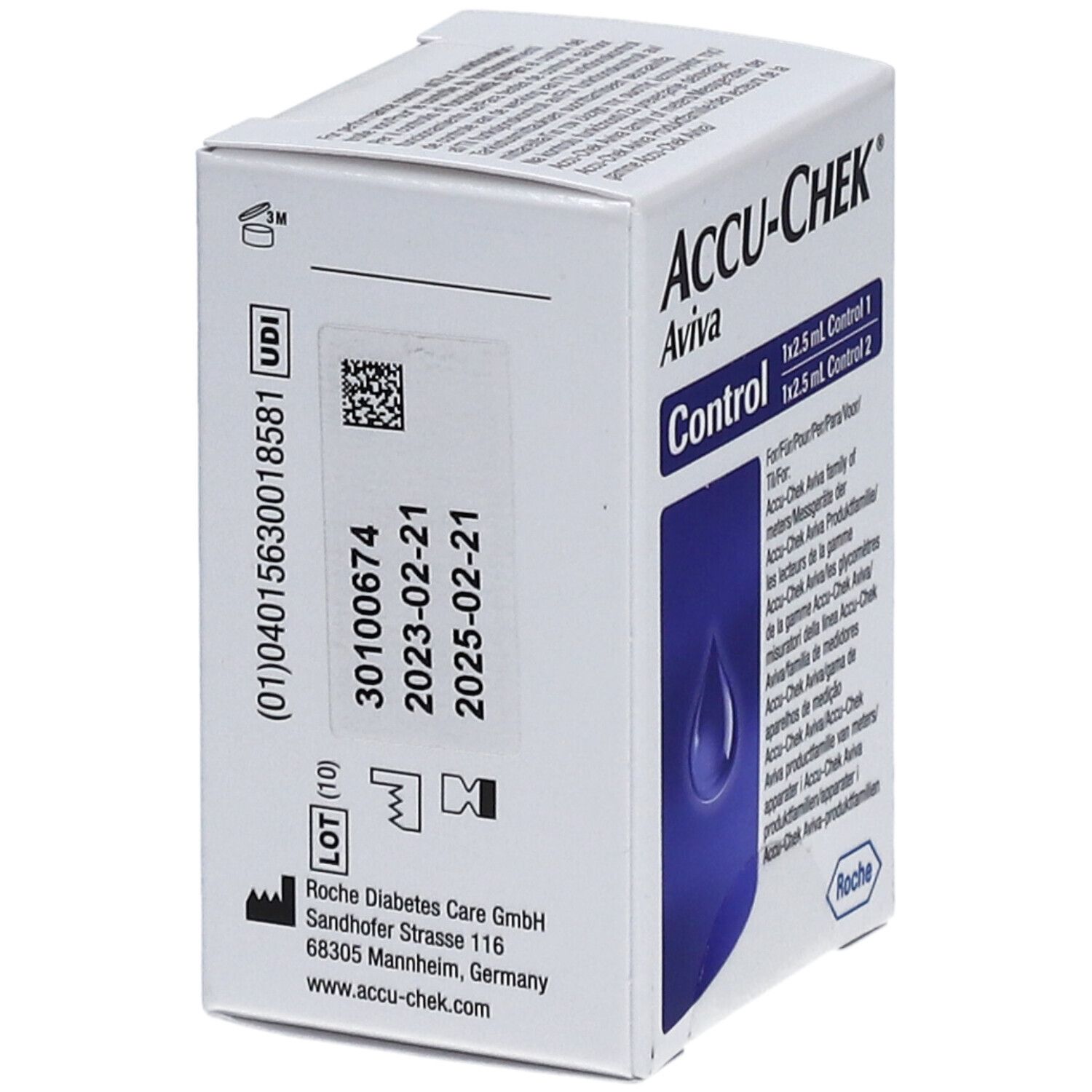Boîte ACCU-CHEK Aviva Control. Contient 1x2,5 ml Control 1 et 1x2,5 ml Control 2. Code UDI et date de péremption.