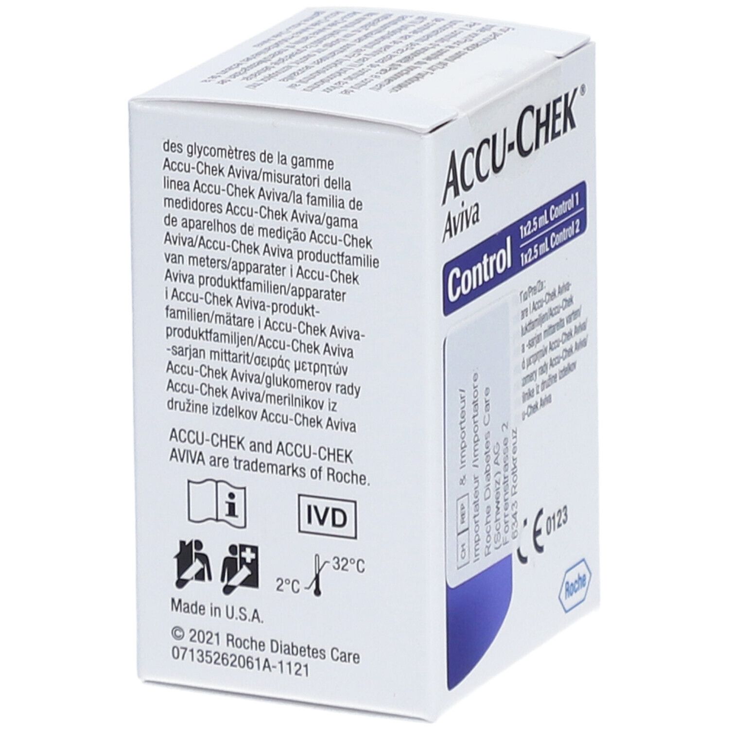 Boîte ACCU-CHEK Aviva Control. Contient 1x2,5 ml Control 1 et 1x2,5 ml Control 2. Symbole IVD.