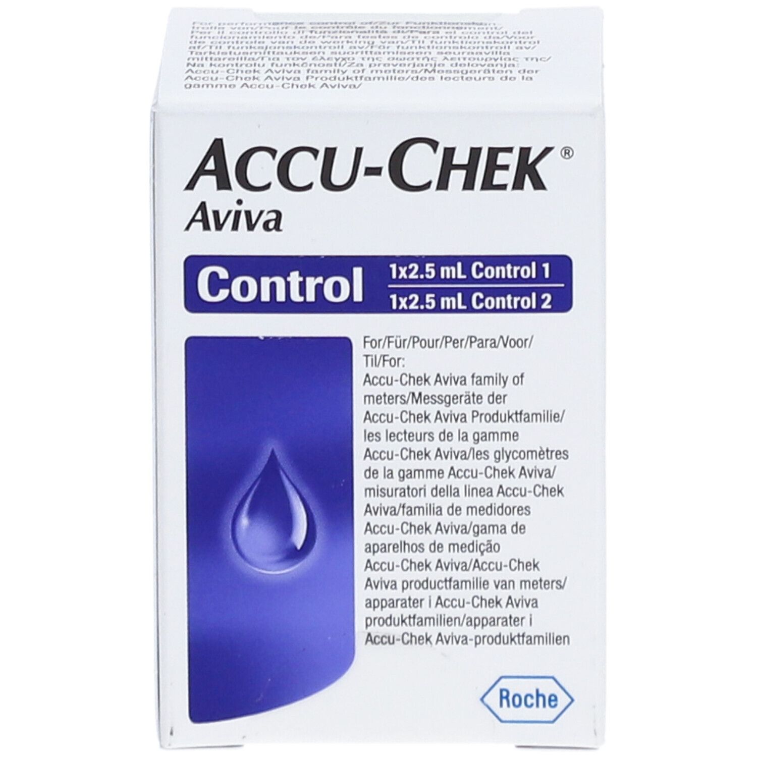 Boîte ACCU-CHEK Aviva Control. Contient 1x2,5 ml Control 1 et 1x2,5 ml Control 2. Logo Roche.