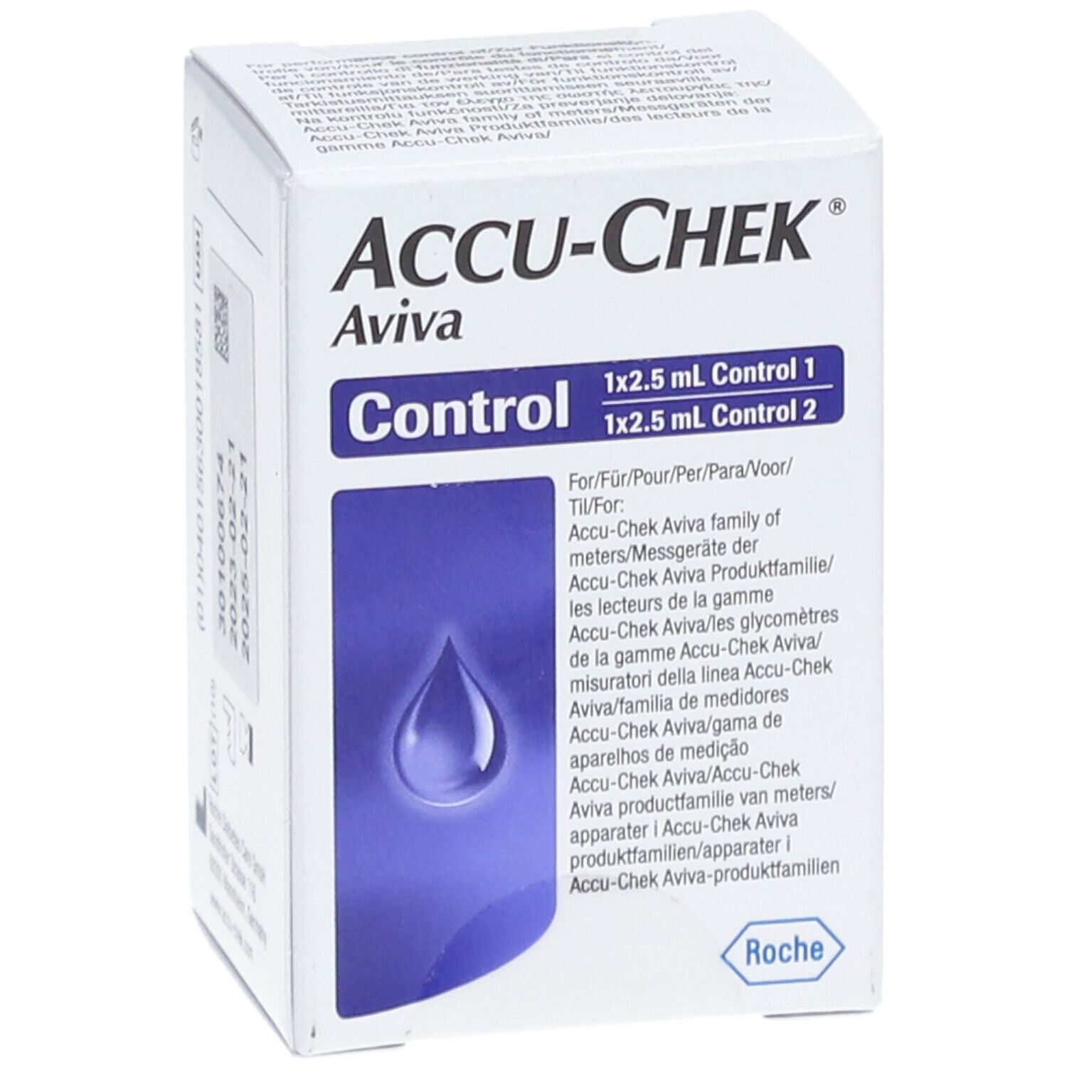 Boîte ACCU-CHEK Aviva Control. Contient 1x2,5 ml Control 1 et 1x2,5 ml Control 2. Logo Roche.
