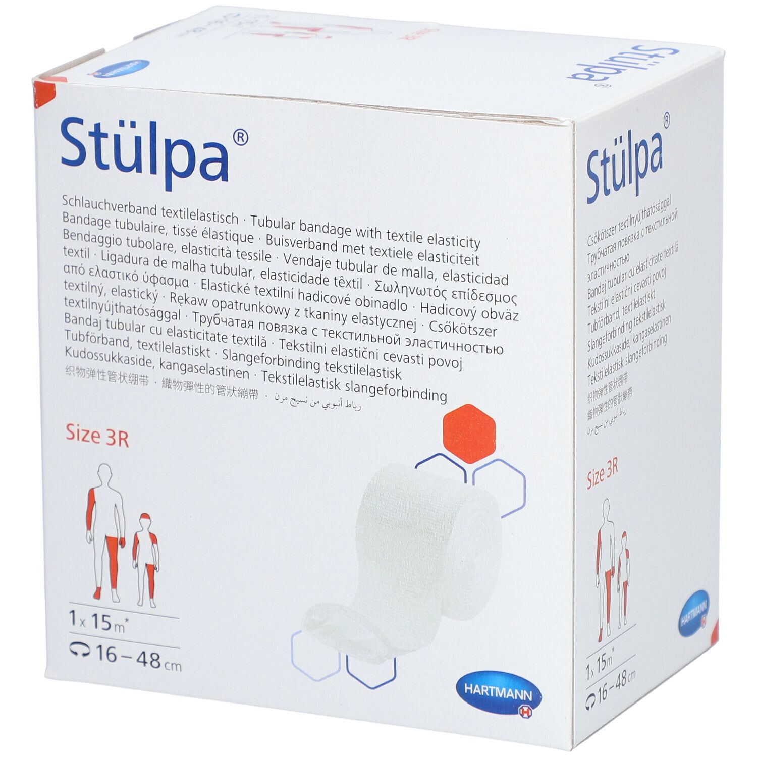 Verpackung von Stülpa® Rollen Schlauchverband. Größe 3R, 1 x 15 m. Aufdrucke in mehreren Sprachen. Hartmann Logo.