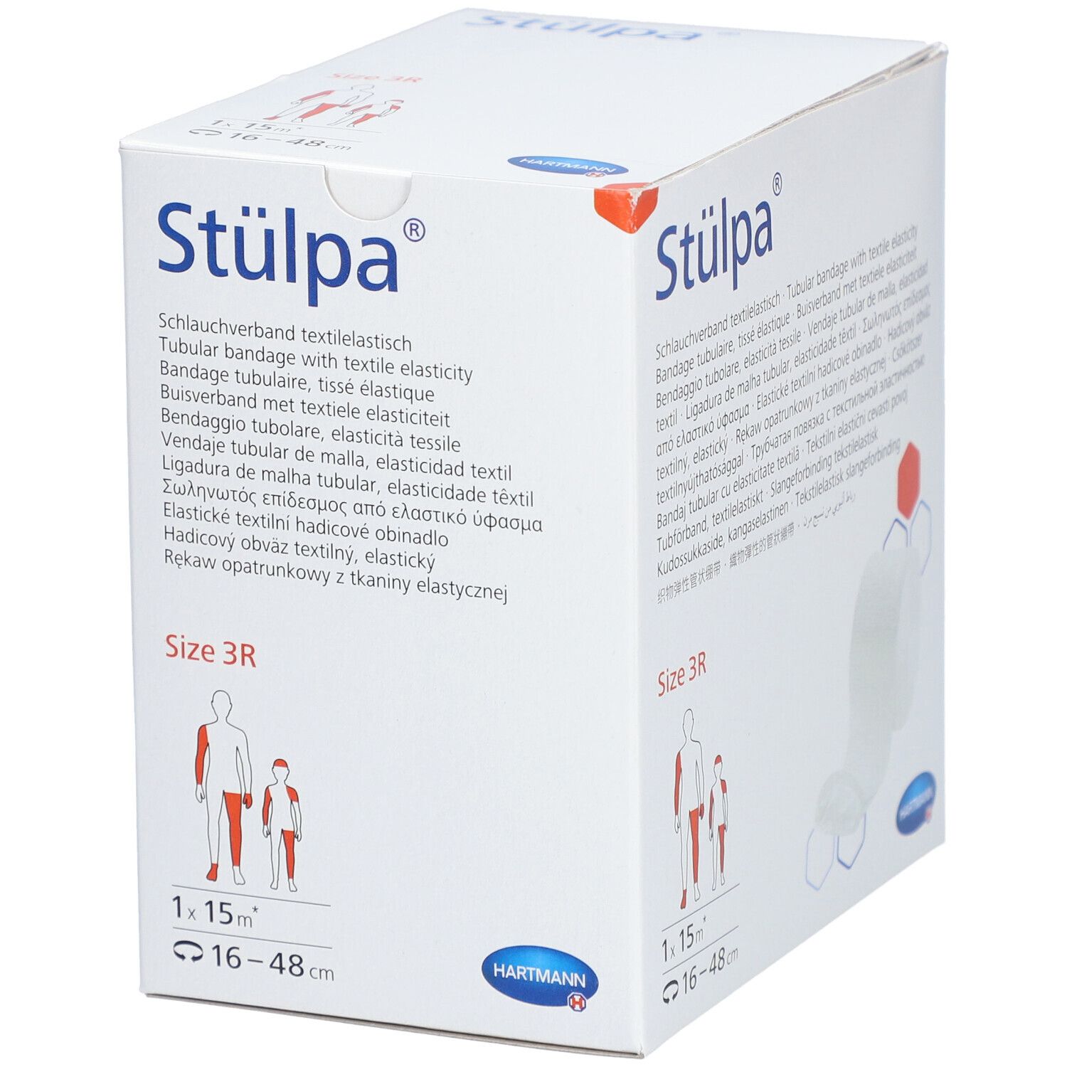 Verpackung von Stülpa® Rollen Schlauchverband. Größe 3R, 1 x 15 m. Aufdrucke in mehreren Sprachen. Hartmann Logo.