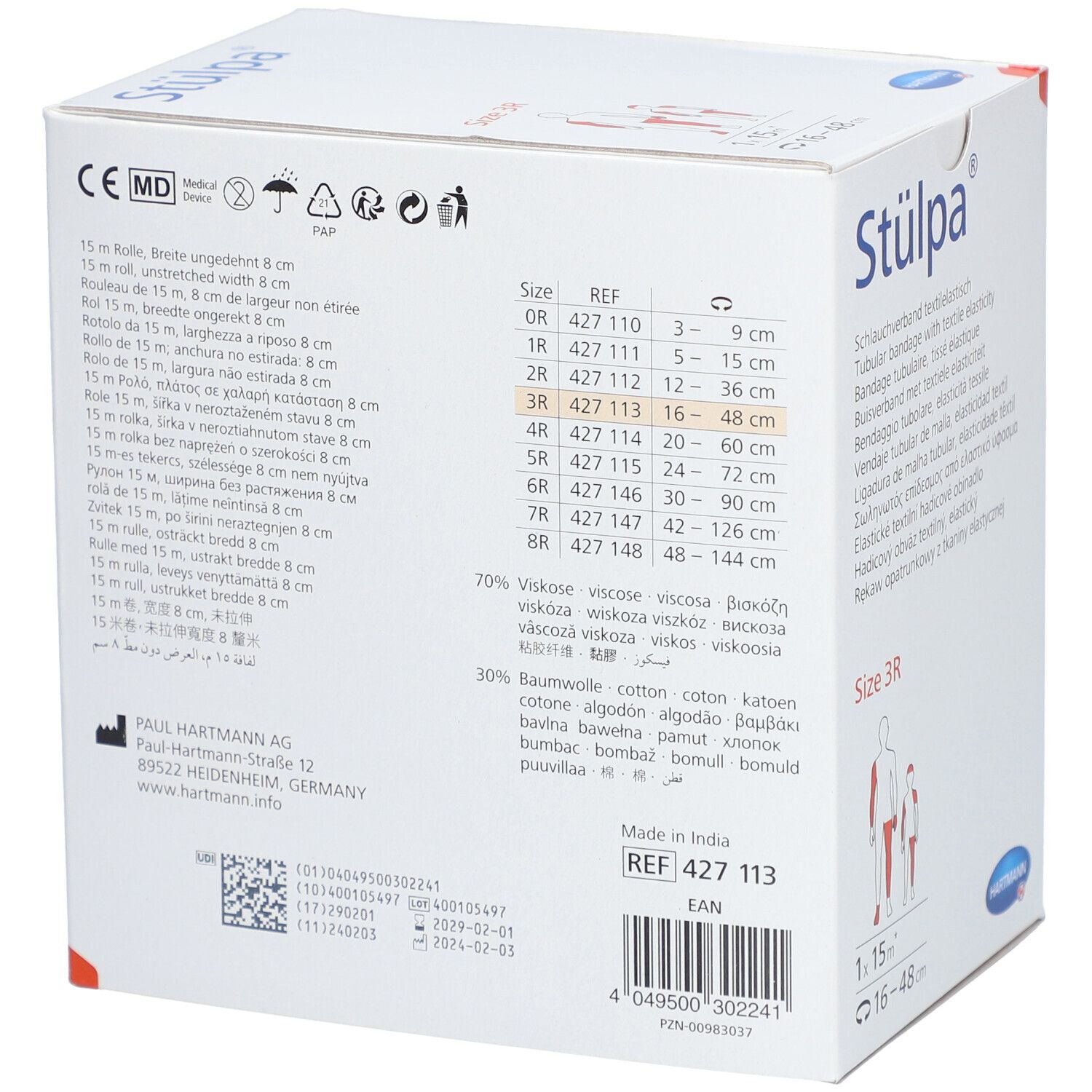Rückseite der Verpackung von Stülpa® Rollen Schlauchverband. Größenangaben, Inhaltsstoffe, Herstellerinformationen.