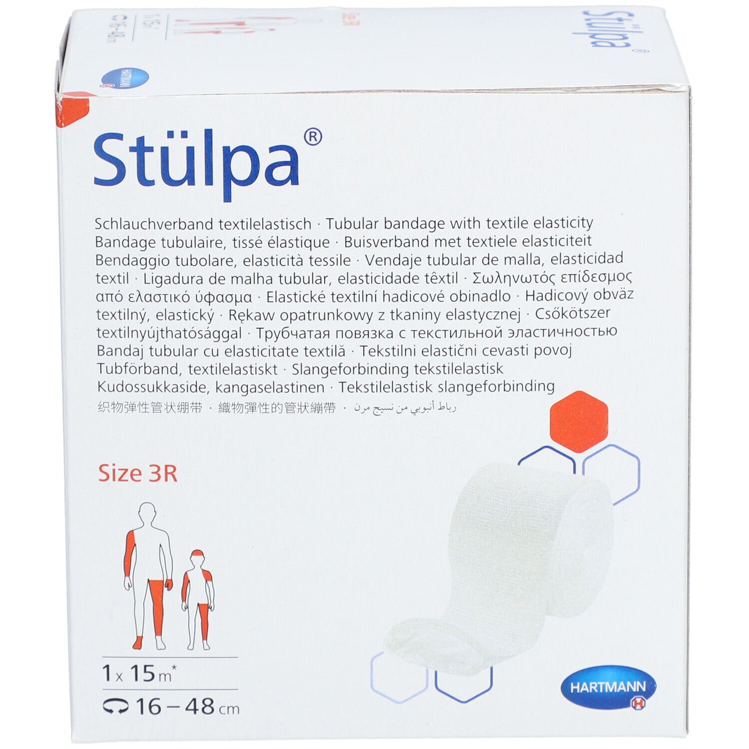 Verpackung von Stülpa® Rollen Schlauchverband. Größe 3R, 1 x 15 m. Aufdrucke in mehreren Sprachen. Hartmann Logo.
