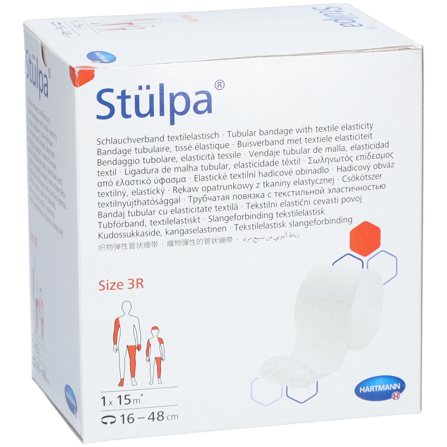 Verpackung von Stülpa® Rollen Schlauchverband. Größe 3R, 1 x 15 m. Aufdrucke in mehreren Sprachen. Hartmann Logo.