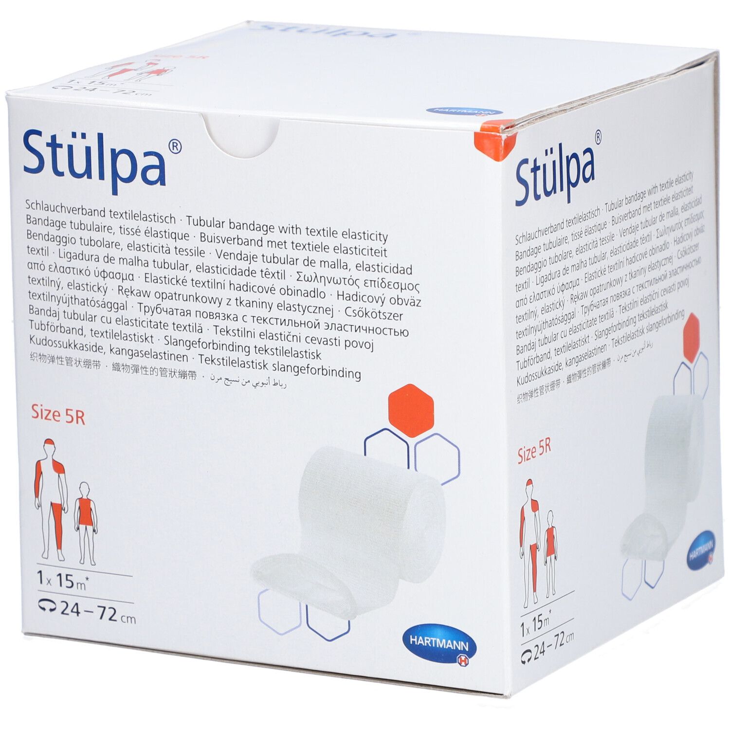 Verpackung von Stülpa® Verbandsrolle. Größe 5R. 12 cm x 15 m. Textil-elastisch. Hartmann Logo. Illustrationen zur Anwendung.