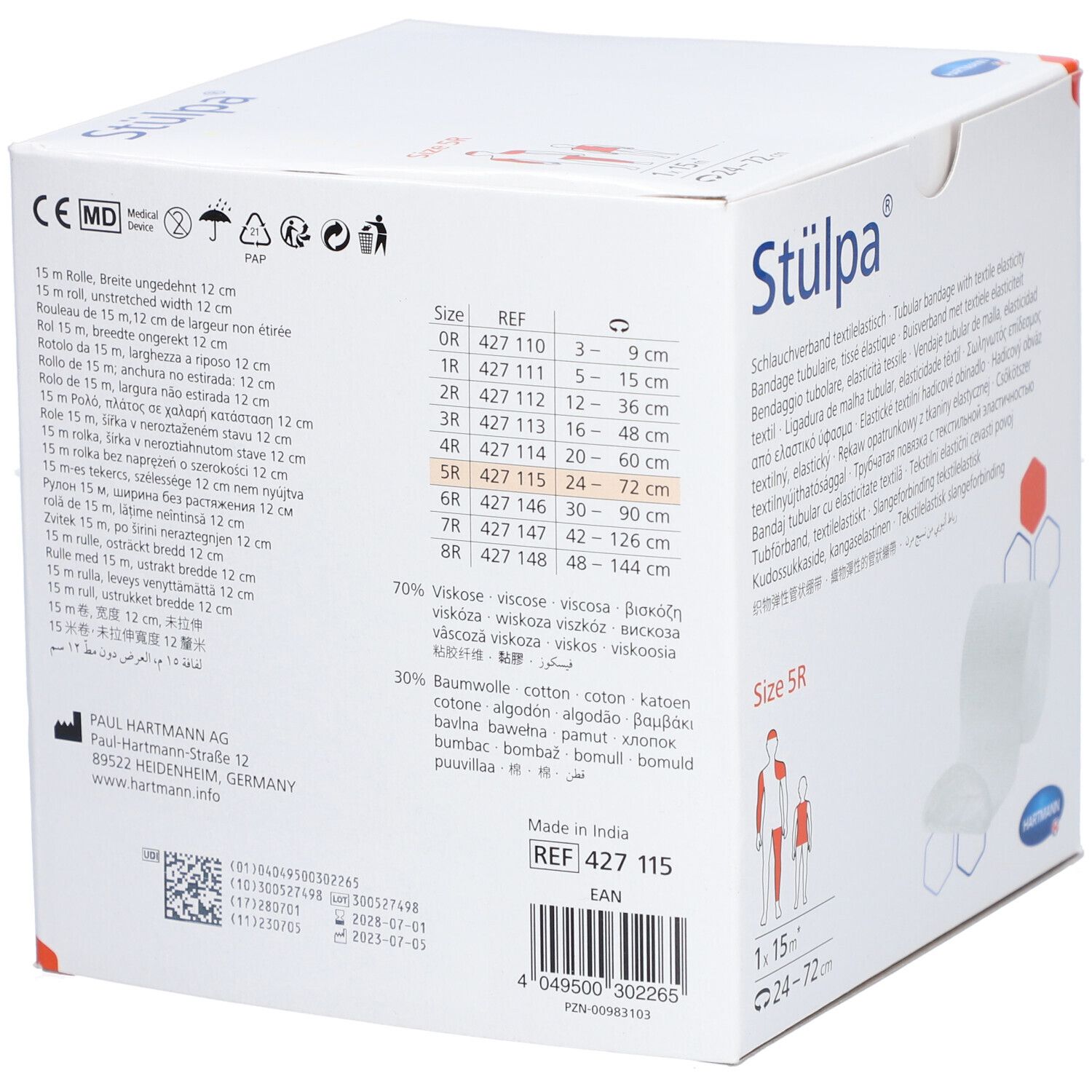Rückseite der Stülpa® Verpackung. Größenangaben. Zusammensetzung: Viskose, Baumwolle. Hersteller: Paul Hartmann AG. EAN-Code.