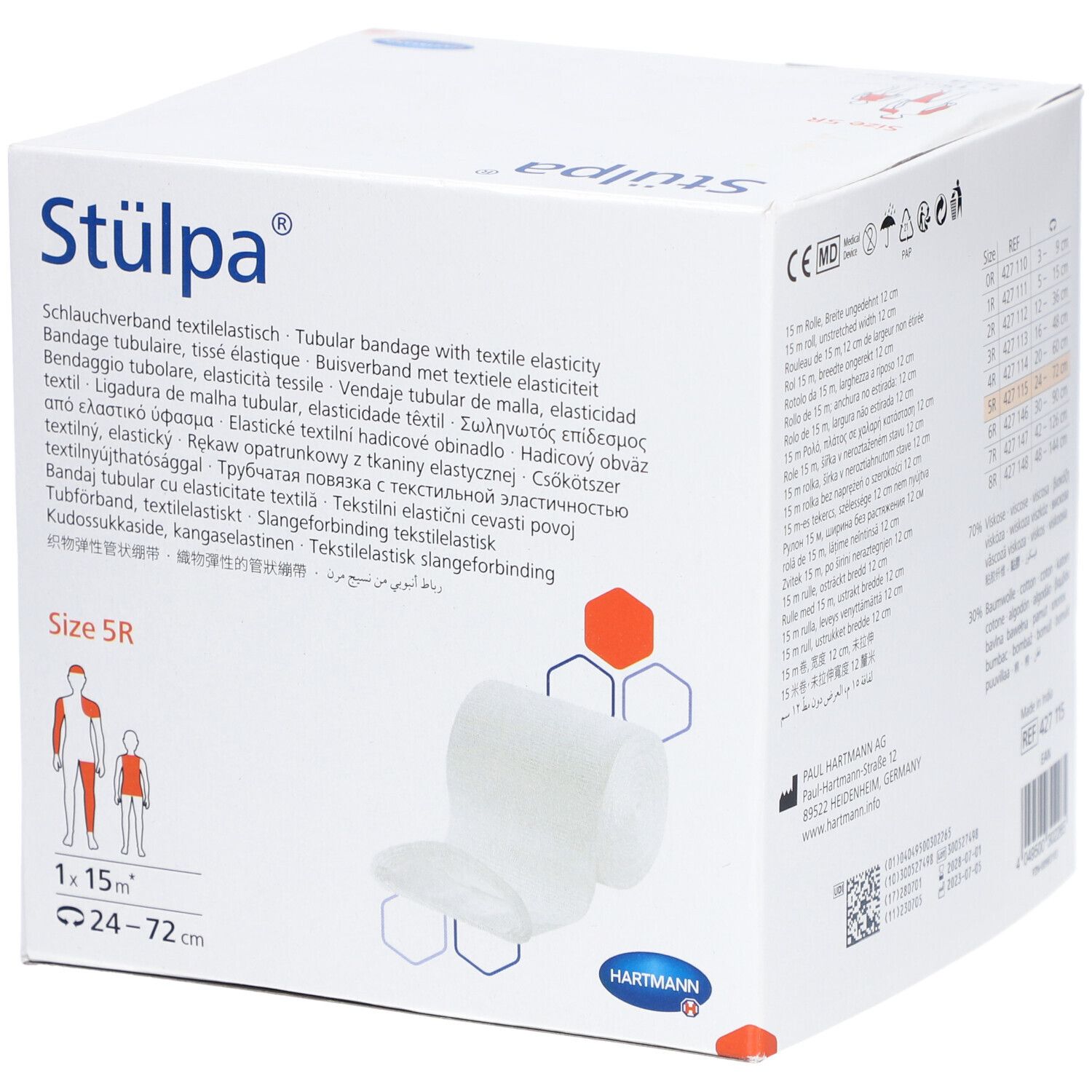 Stülpa® Verbandsrolle Verpackung. Größe 5R. 12 cm x 15 m. Textil-elastisch. Hartmann Logo. Illustrationen zur Anwendung.