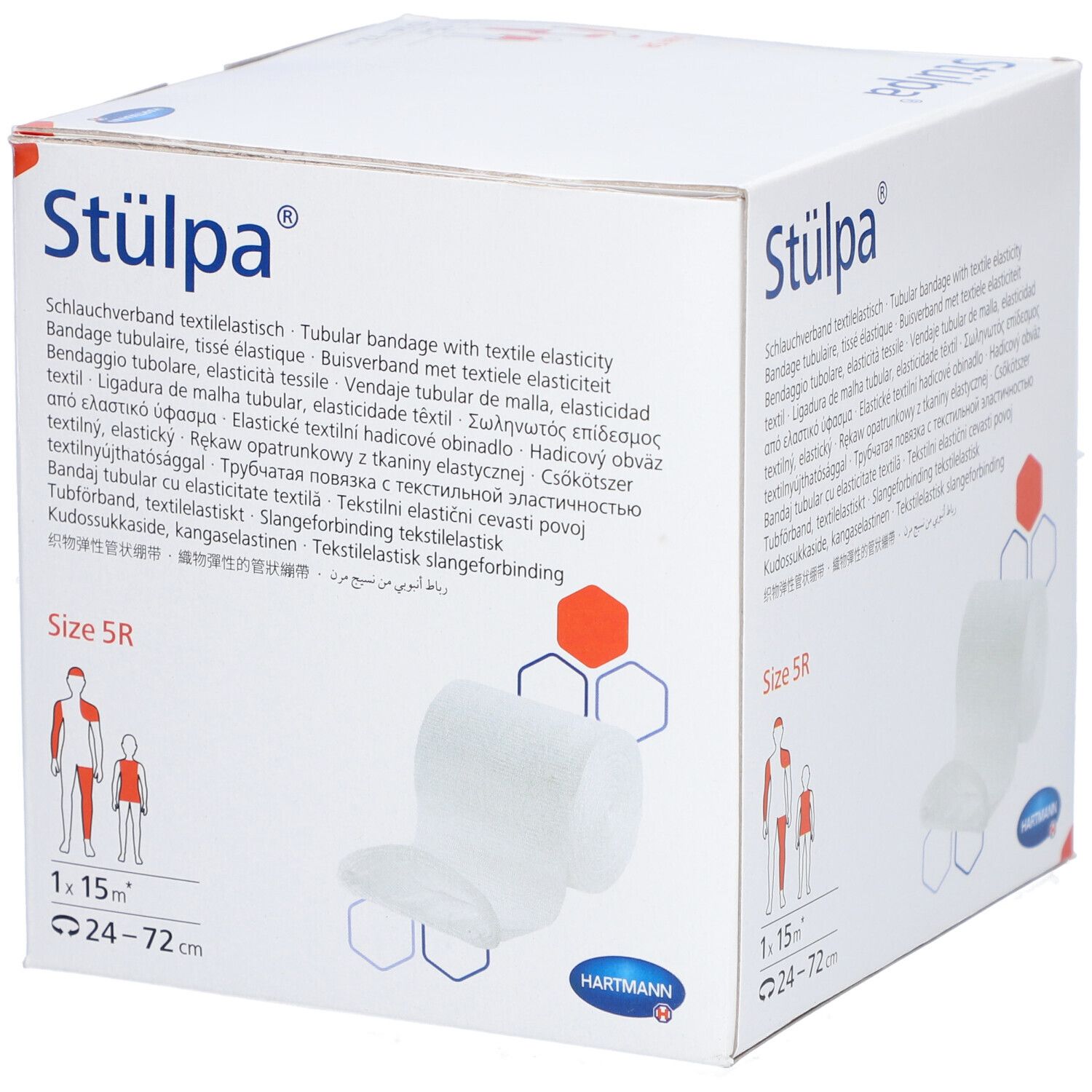 Stülpa® Verbandsrolle Verpackung. Größe 5R. 12 cm x 15 m. Textil-elastisch. Hartmann Logo. Illustrationen zur Anwendung.