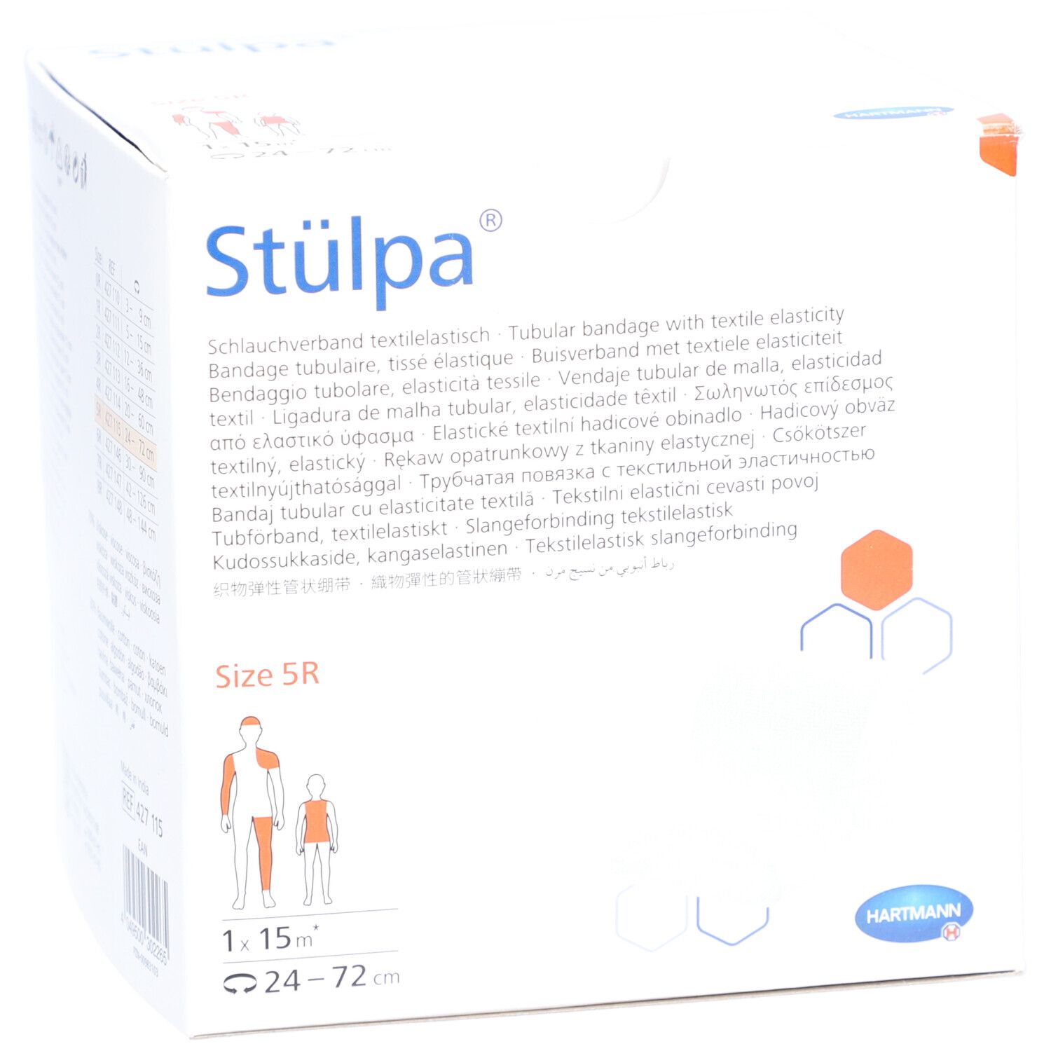 Stülpa® Verbandsrolle Verpackung. Größe 5R. 12 cm x 15 m. Textil-elastisch. Hartmann Logo. Illustrationen zur Anwendung.