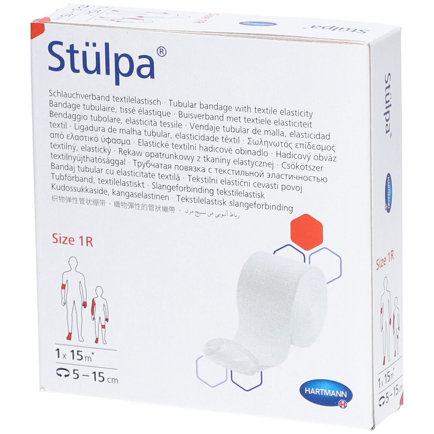 Verbandrolle in Verpackung. Größe 1R, 1 x 15 m. Text auf der Verpackung: Stülpa, Hartmann. Illustrationen.
