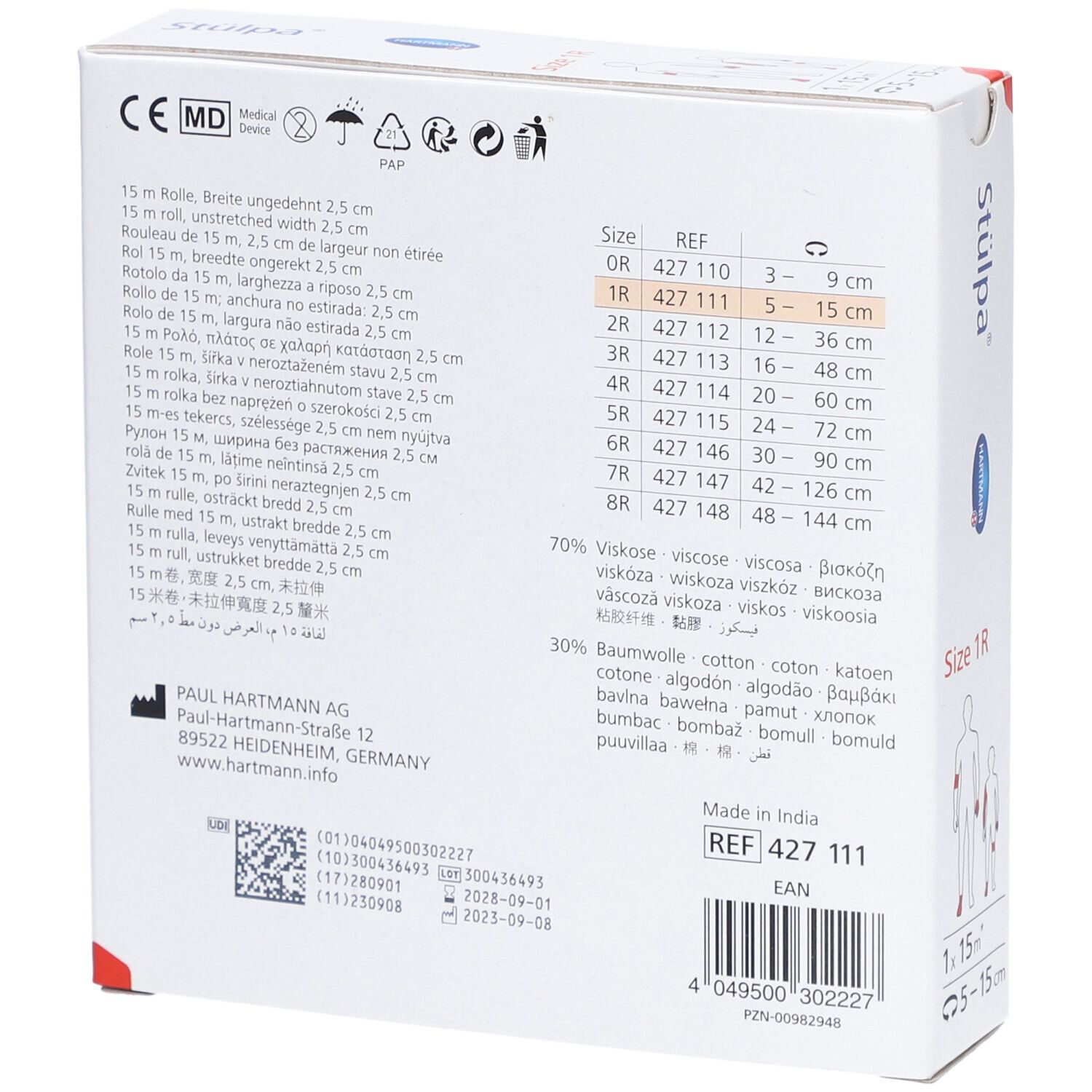 Verpackung mit Verbandrolle. Größe 1R, 1 x 15 m. Text: Stülpa, Hartmann. Größenangaben. Medizinprodukt-Kennzeichnung.