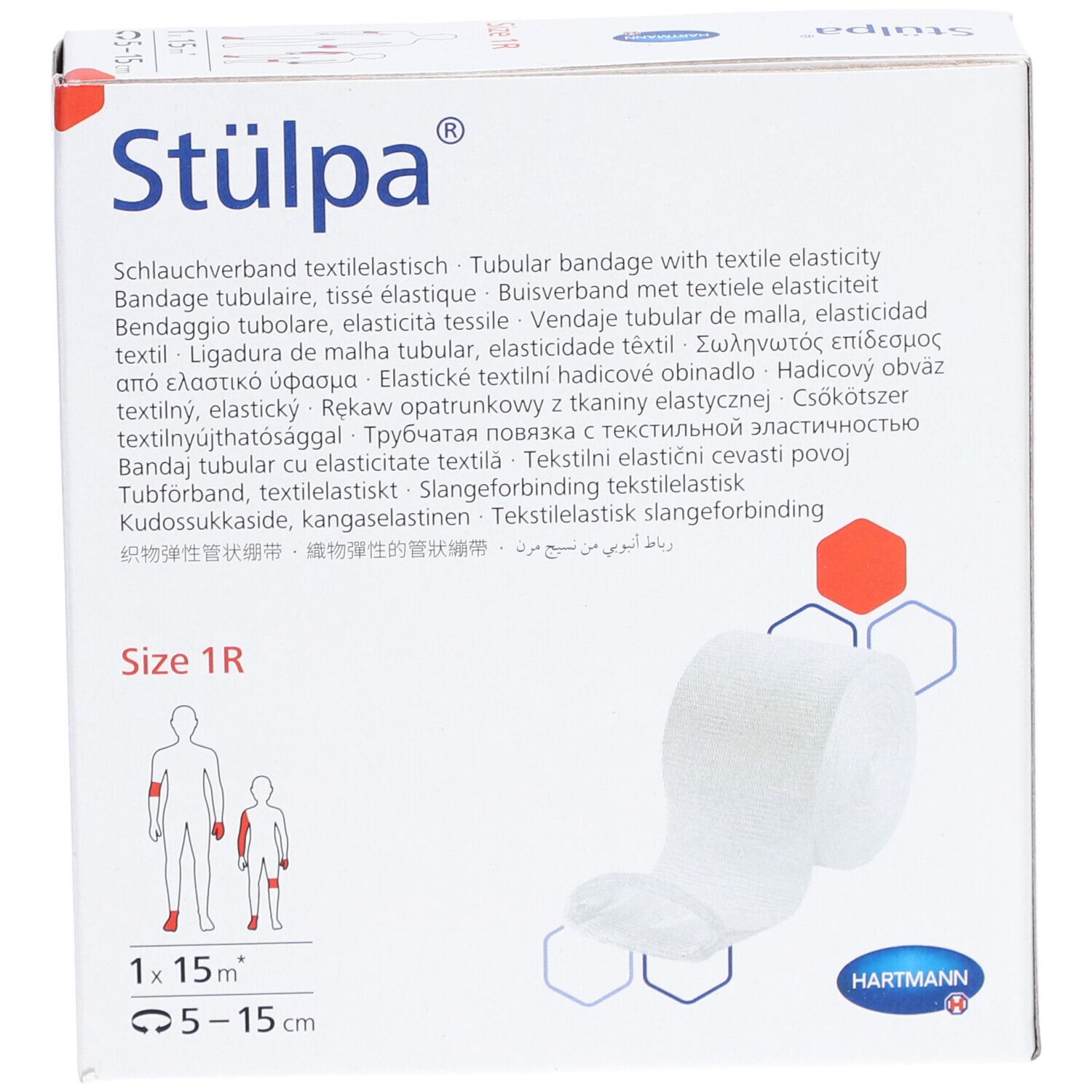 Verbandrolle in Verpackung. Größe 1R, 1 x 15 m. Text auf der Verpackung: Stülpa, Hartmann. Illustrationen.