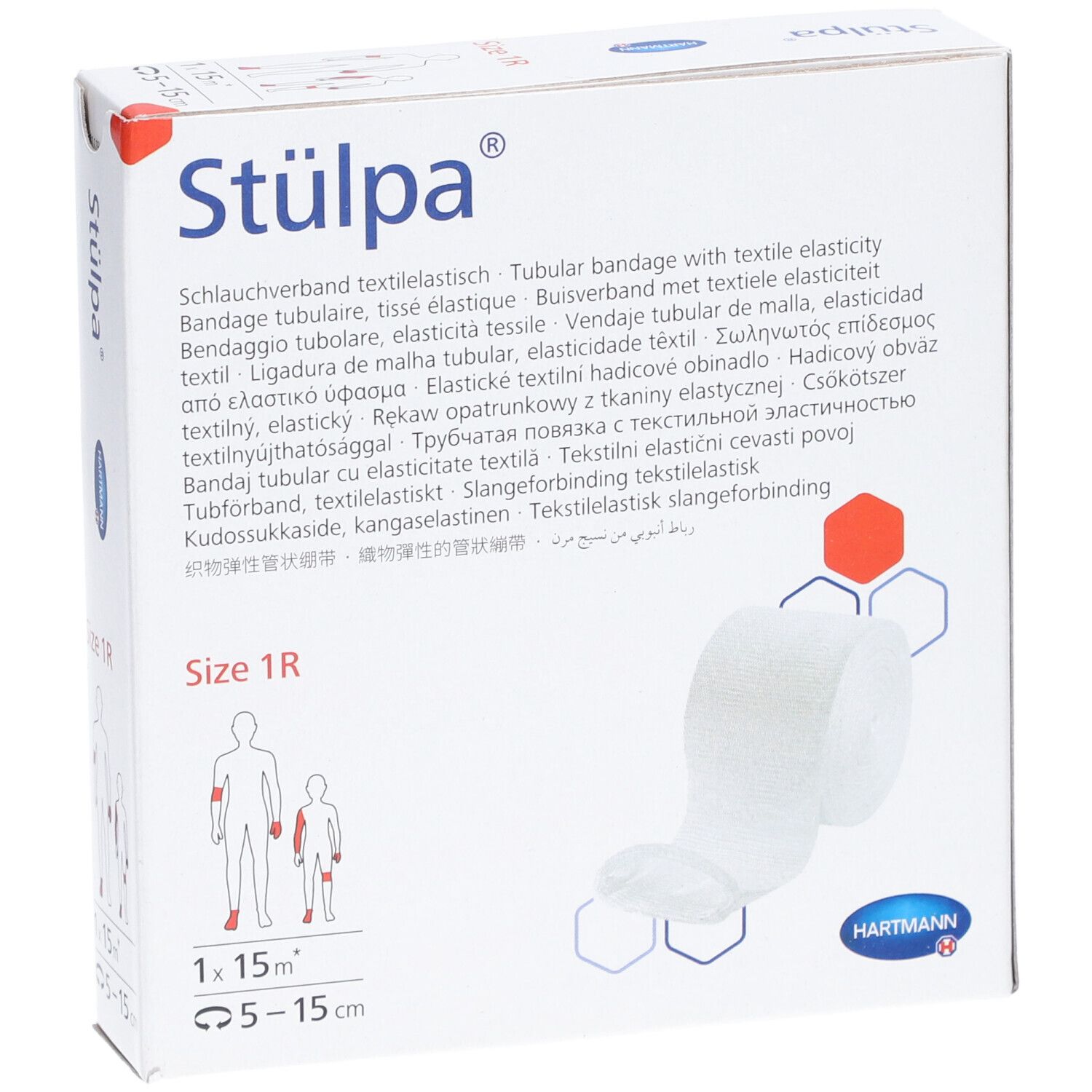 Verbandrolle in Verpackung. Größe 1R, 1 x 15 m. Text auf der Verpackung: Stülpa, Hartmann. Illustrationen.