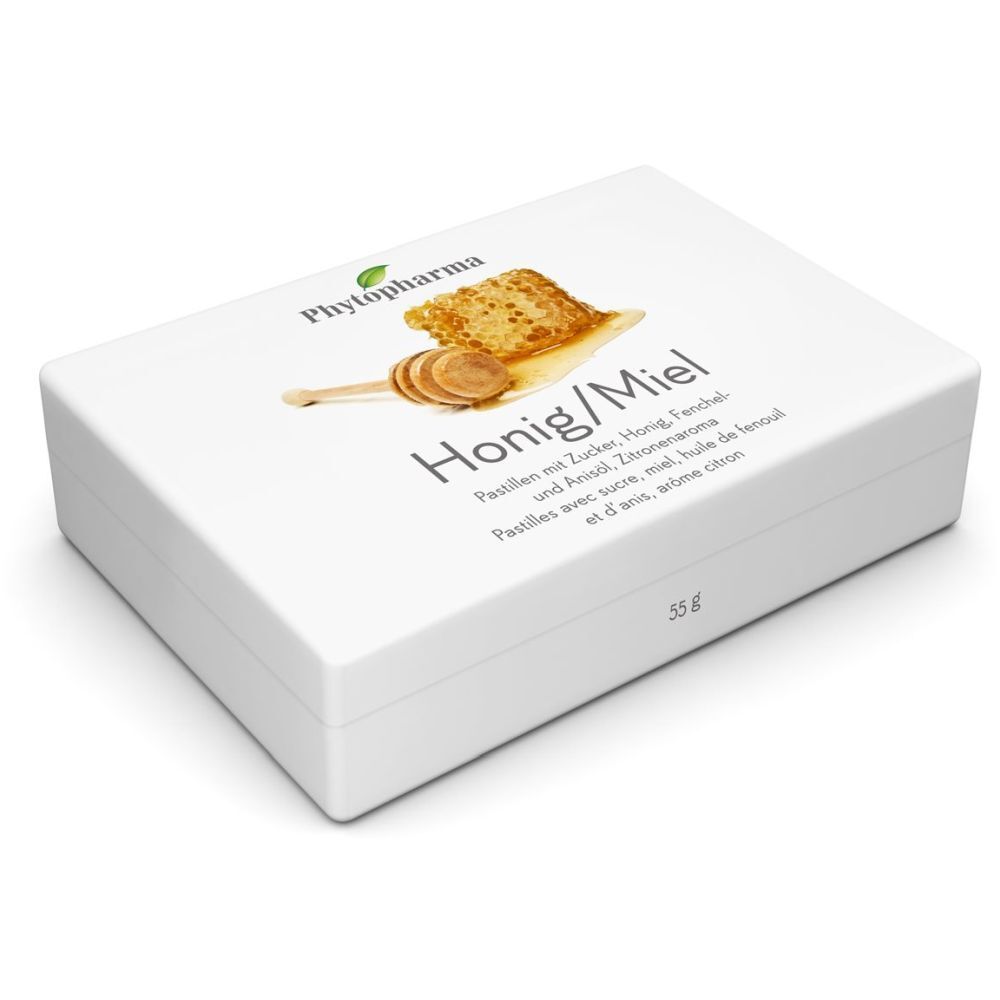 Boîte blanche avec motif miel et inscription Honig/Miel. Marque: PHYTOPHARMA. Contient 55g.