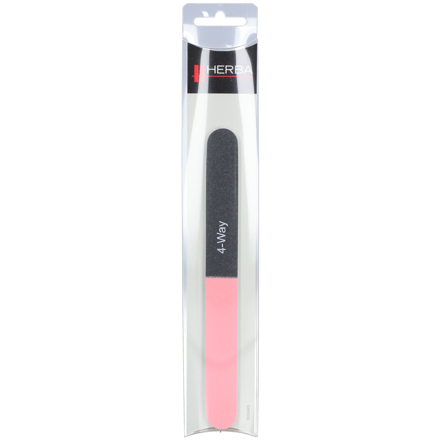 HERBA 4-Way Polierfeile in transparenter Verpackung. Schwarz, grau und rosa. Mit Aufdruck.