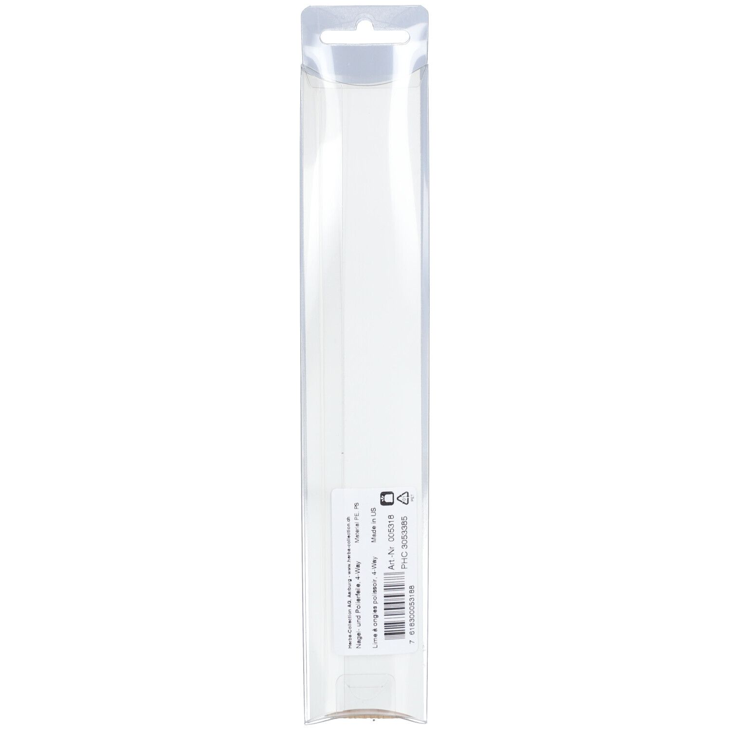 Rückseite der HERBA 4-Way Polierfeile in transparenter Verpackung. Mit Text und Barcode.