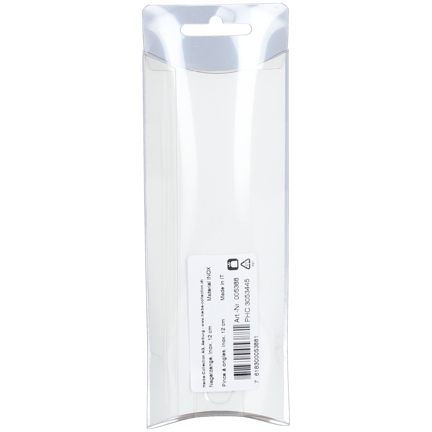 Rückseite der Blisterverpackung. Text: Herba Coupe-ongles 12 cm, Material INOX, Made in IT.
