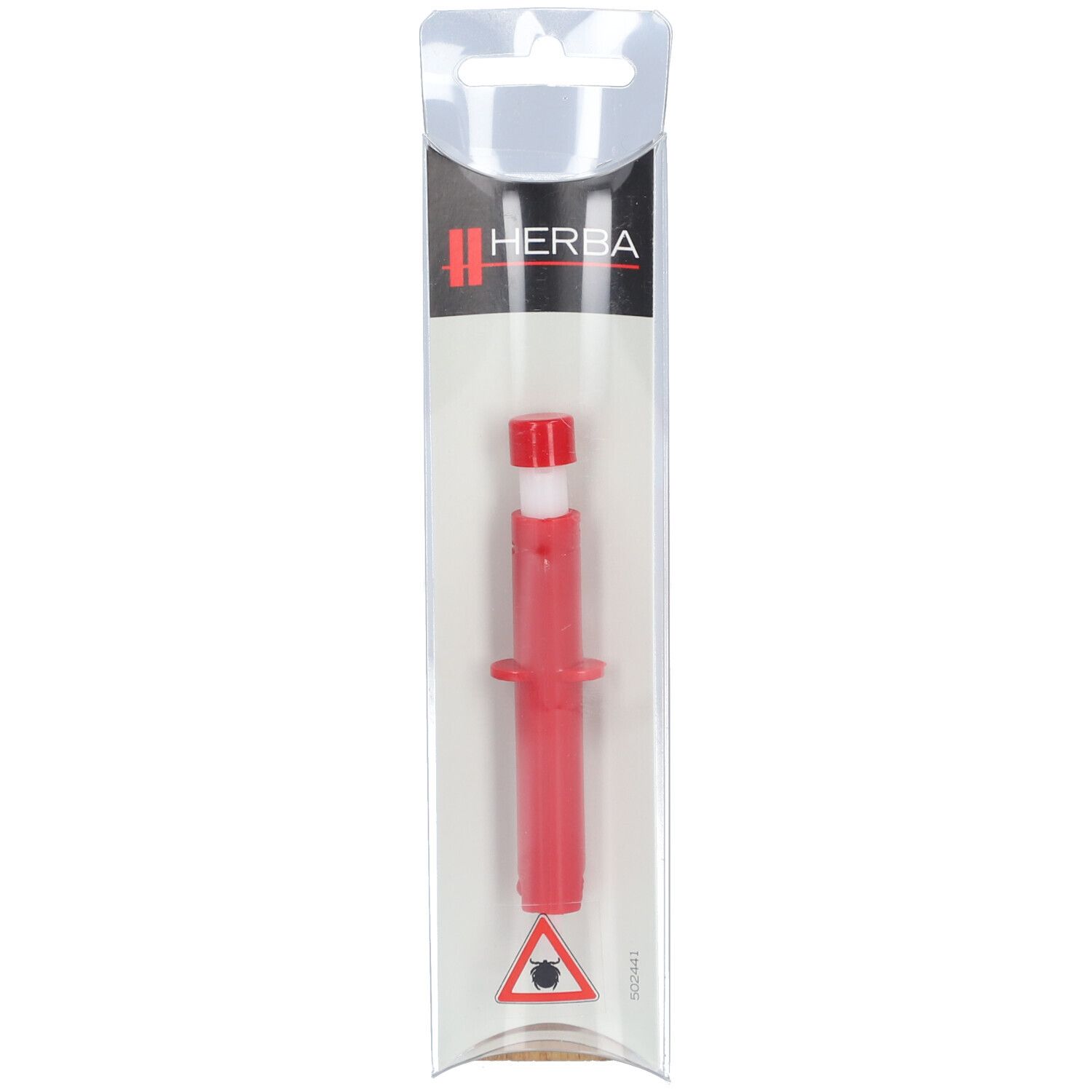 Pince à tiques rouge en plastique dans un emballage transparent. Poignée rouge, insert blanc. Logo Herba.