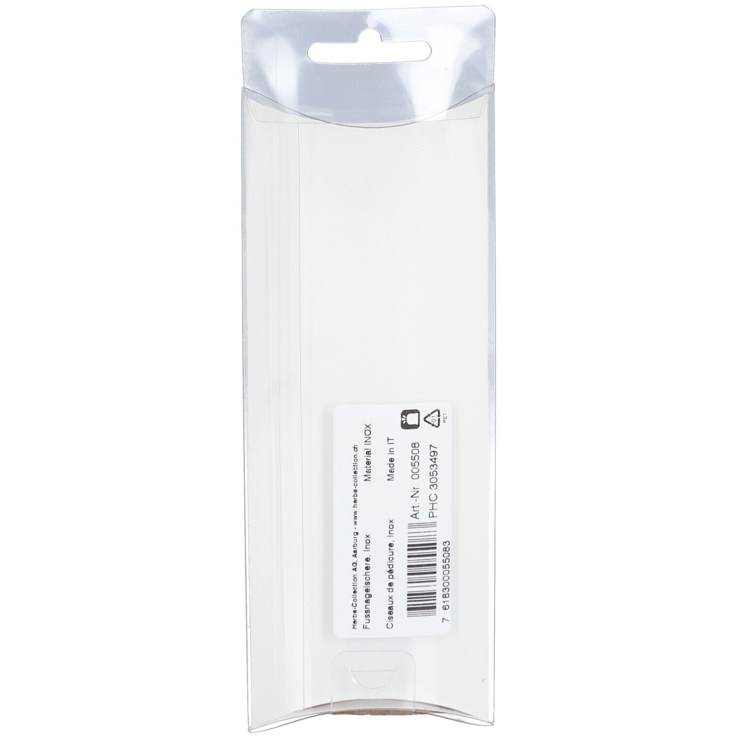 Rückseite der Verpackung der Herba® Fusspflegeschere Inox. Transparente Verpackung mit Produktinformationen.