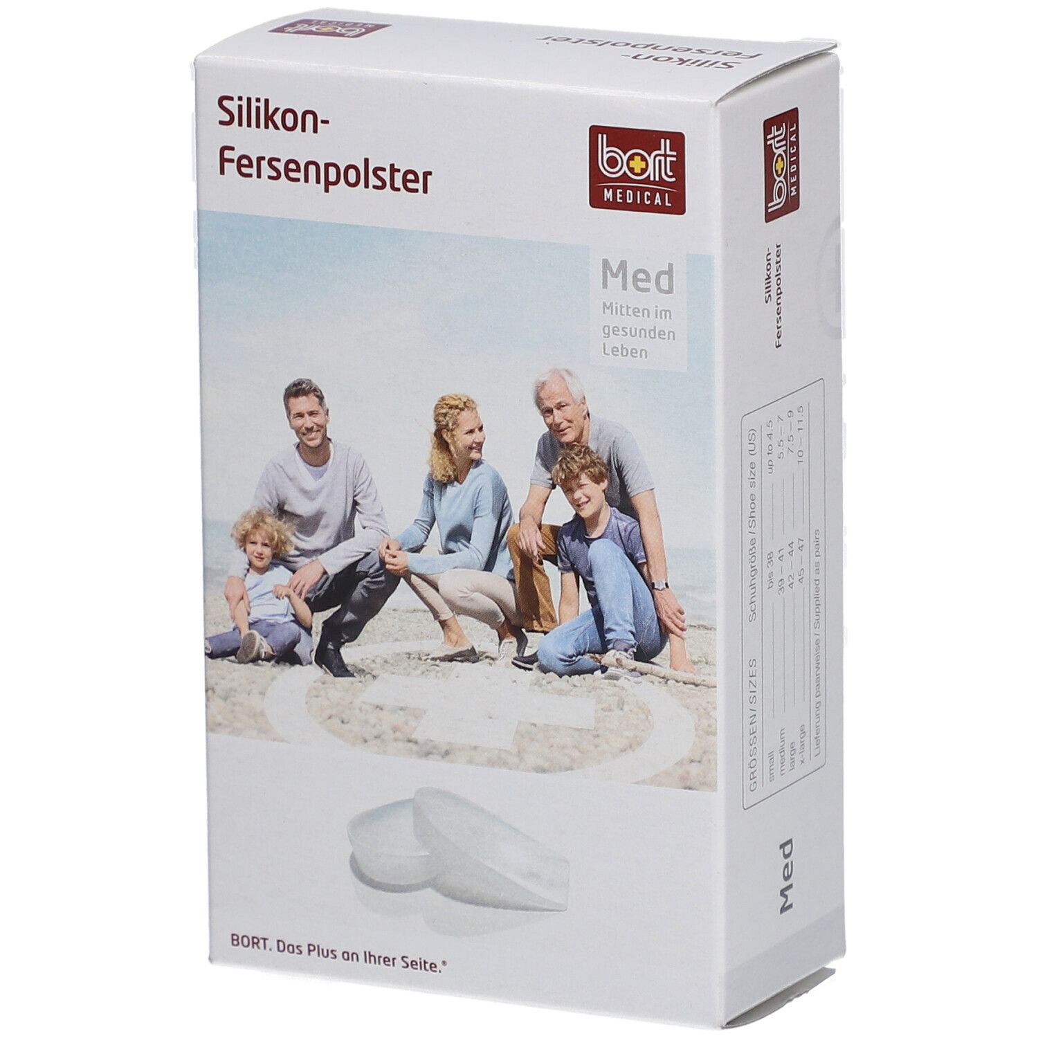 Verpackung mit Silikon-Fersenpolstern. Aufdruck: bort MEDICAL, Familie am Strand, Produktabbildung.