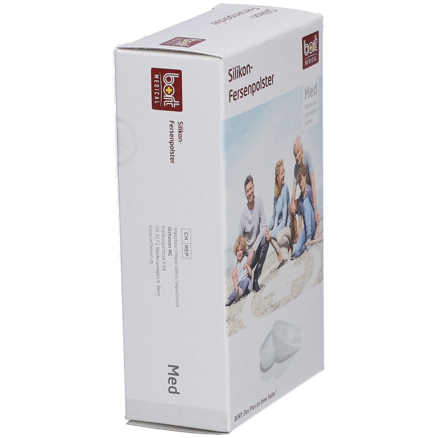 Schrägansicht der Verpackung mit Silikon-Fersenpolstern. Aufdruck: bort MEDICAL, Familie am Strand, Produktabbildung.